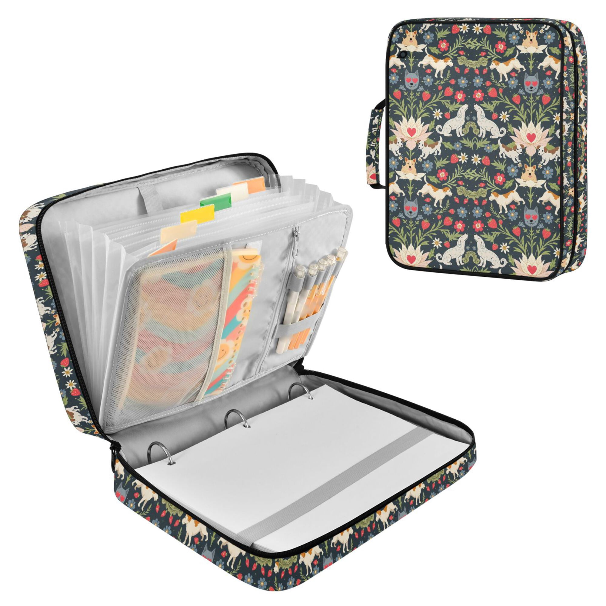 FORMRS Accordion File Folder A4 Size 7-Pocket Expanding Document Organizer Bag with 3 Ring Binder, Floral Dogs Pattern