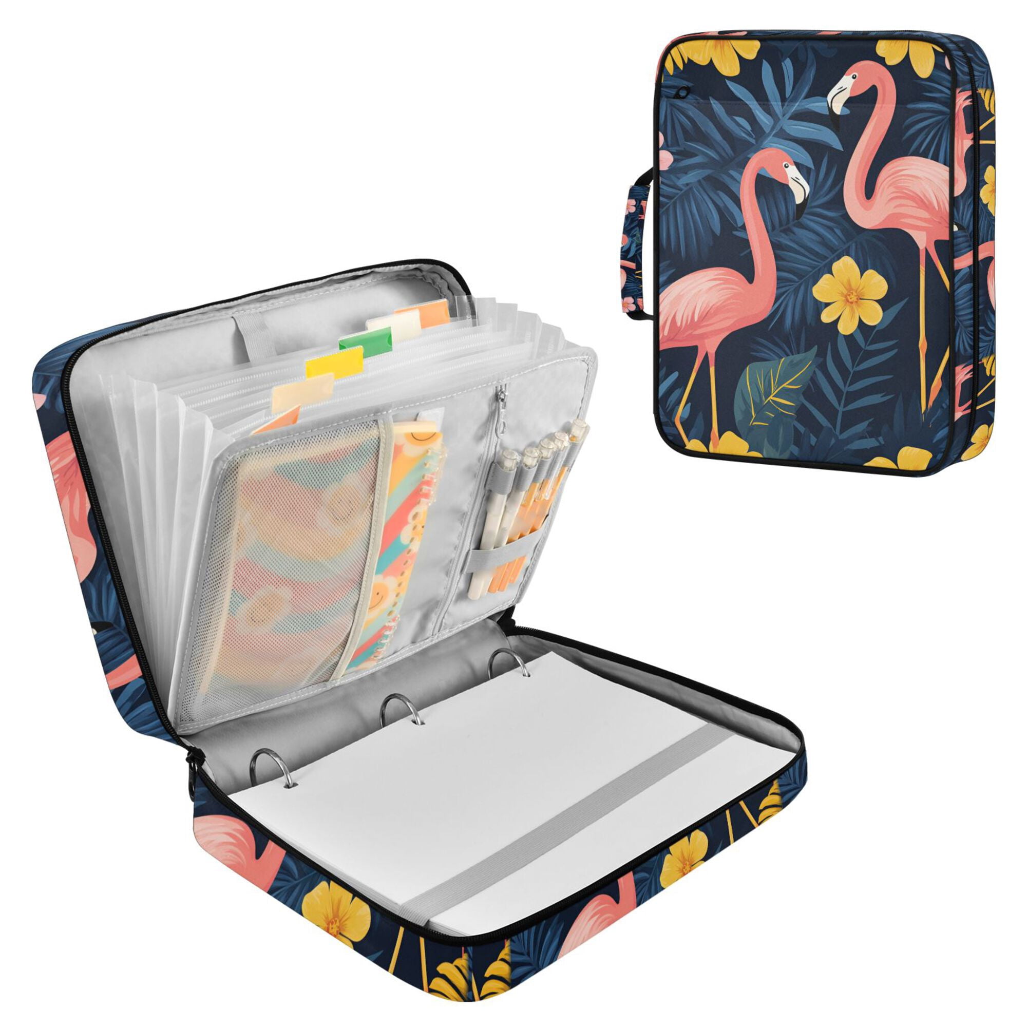 FORMRS Accordion File Folder A4 Size 7-Pocket Expanding Document Organizer Bag with 3 Ring Binder, Floral Flamingo