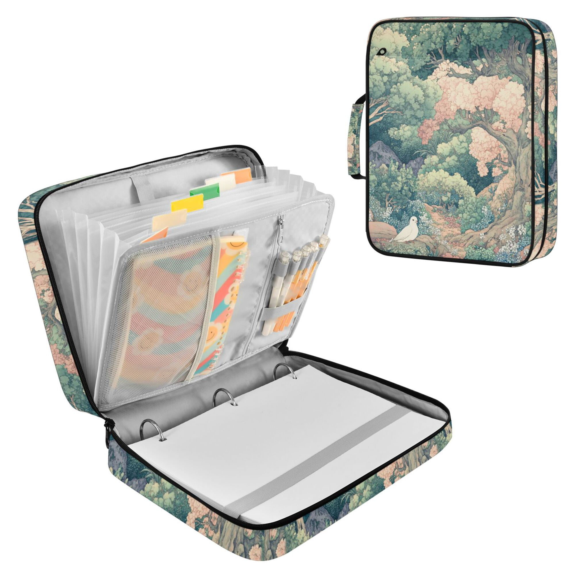 FORMRS Accordion File Folder A4 Size 7-Pocket Expanding Document Organizer Bag with 3 Ring Binder, Floral Forest Pattern