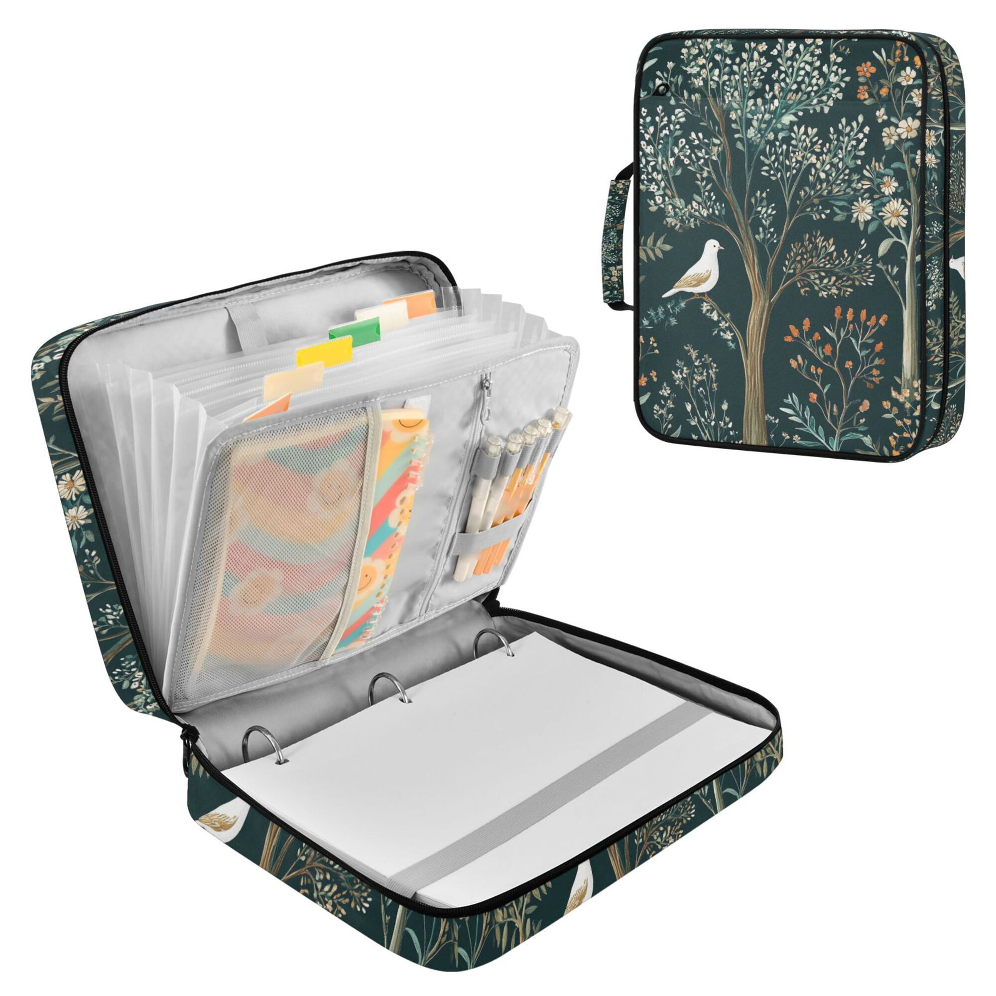 FORMRS Accordion File Folder A4 Size 7-Pocket Expanding Document Organizer Bag with 3 Ring Binder, Floral Forest Scene