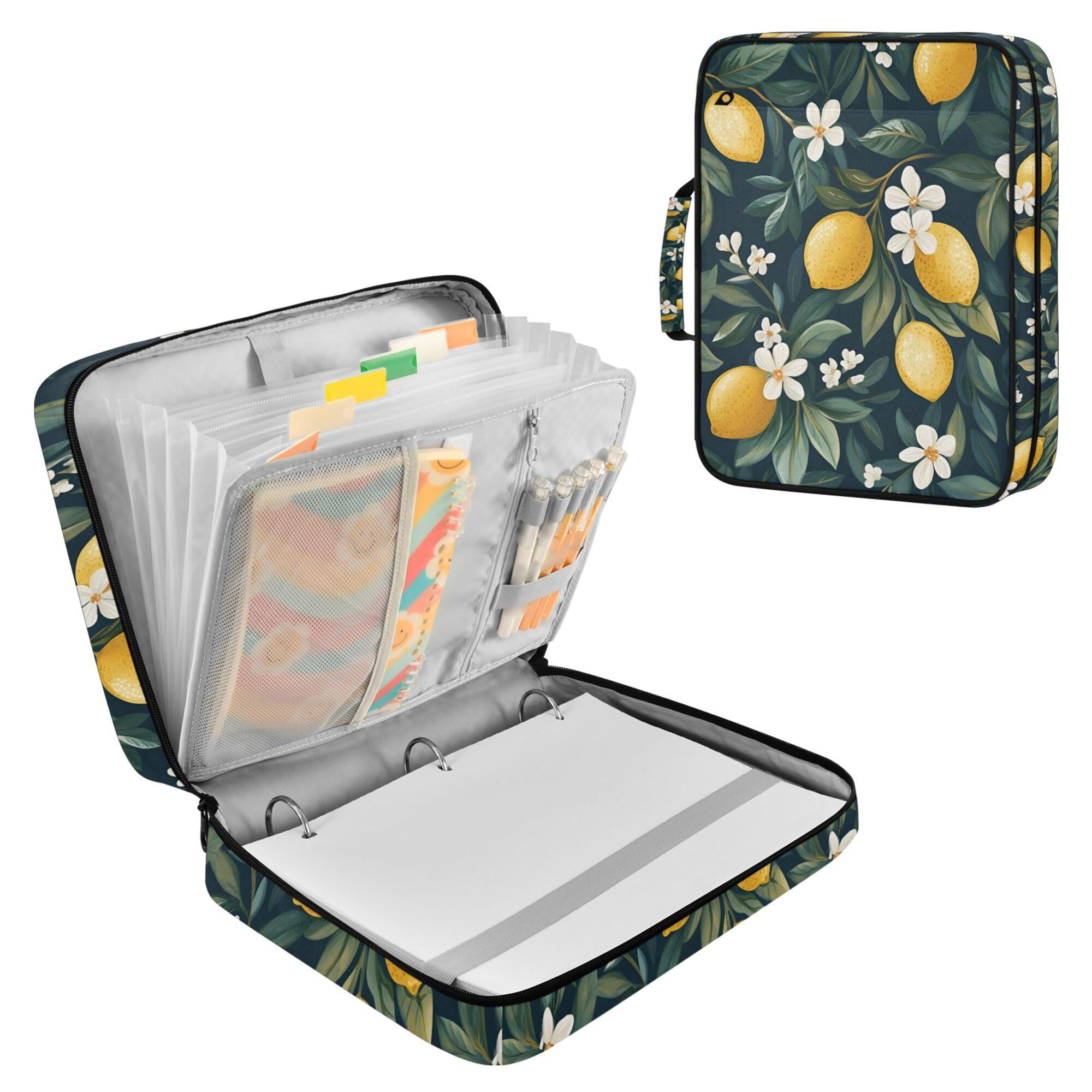 FORMRS Accordion File Folder A4 Size 7-Pocket Expanding Document Organizer Bag with 3 Ring Binder, Floral Lemons