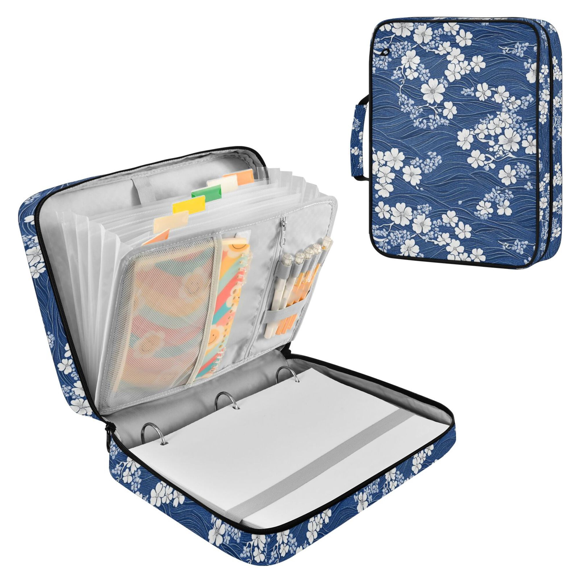 FORMRS Accordion File Folder A4 Size 7-Pocket Expanding Document Organizer Bag with 3 Ring Binder, Floral Ocean Waves