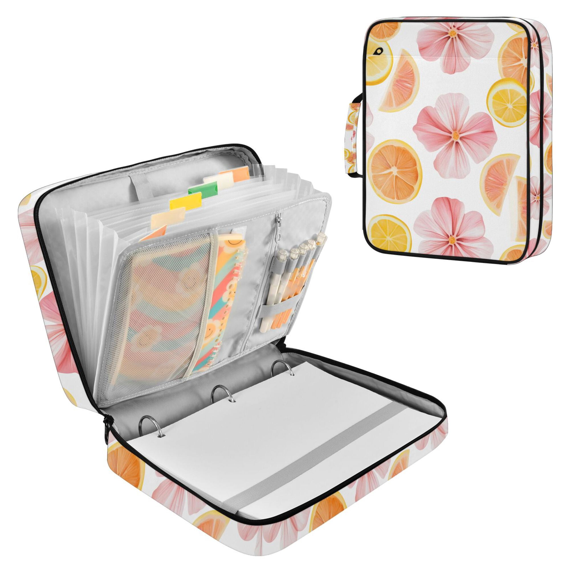 FORMRS Accordion File Folder A4 Size 7-Pocket Expanding Document Organizer Bag with 3 Ring Binder, Floral Orange