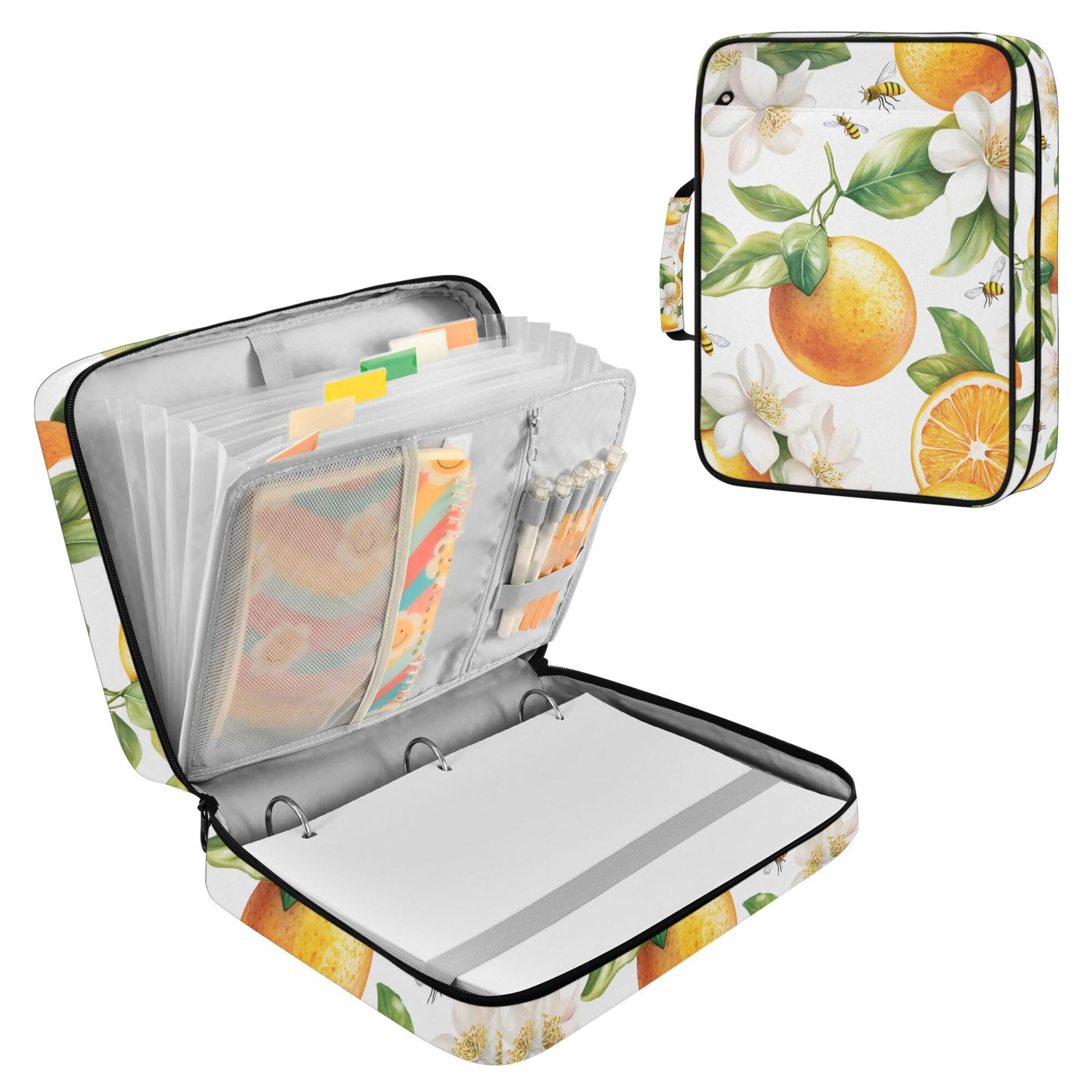 FORMRS Accordion File Folder A4 Size 7-Pocket Expanding Document Organizer Bag with 3 Ring Binder, Floral Watercolor Oranges
