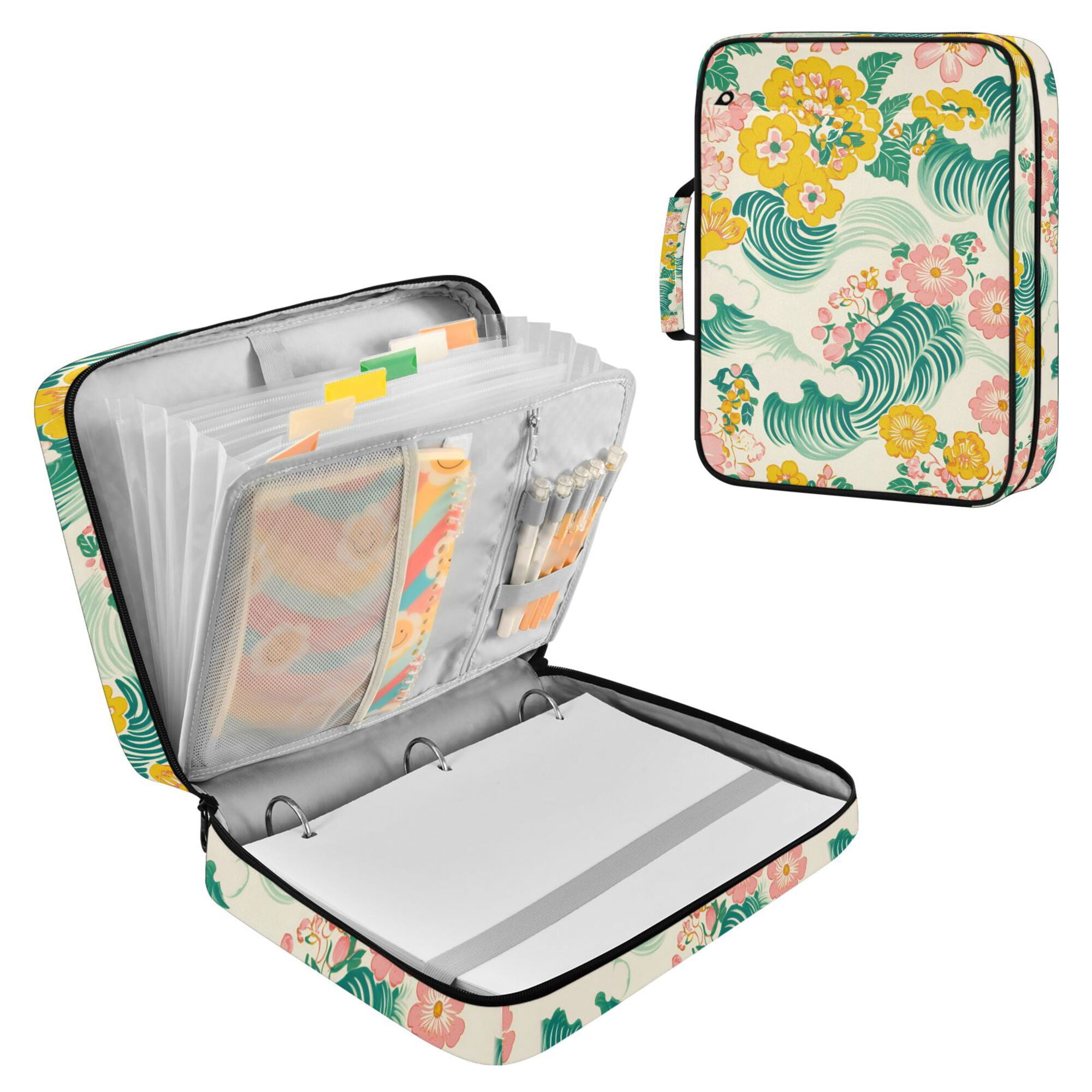 FORMRS Accordion File Folder A4 Size 7-Pocket Expanding Document Organizer Bag with 3 Ring Binder, Floral Wave