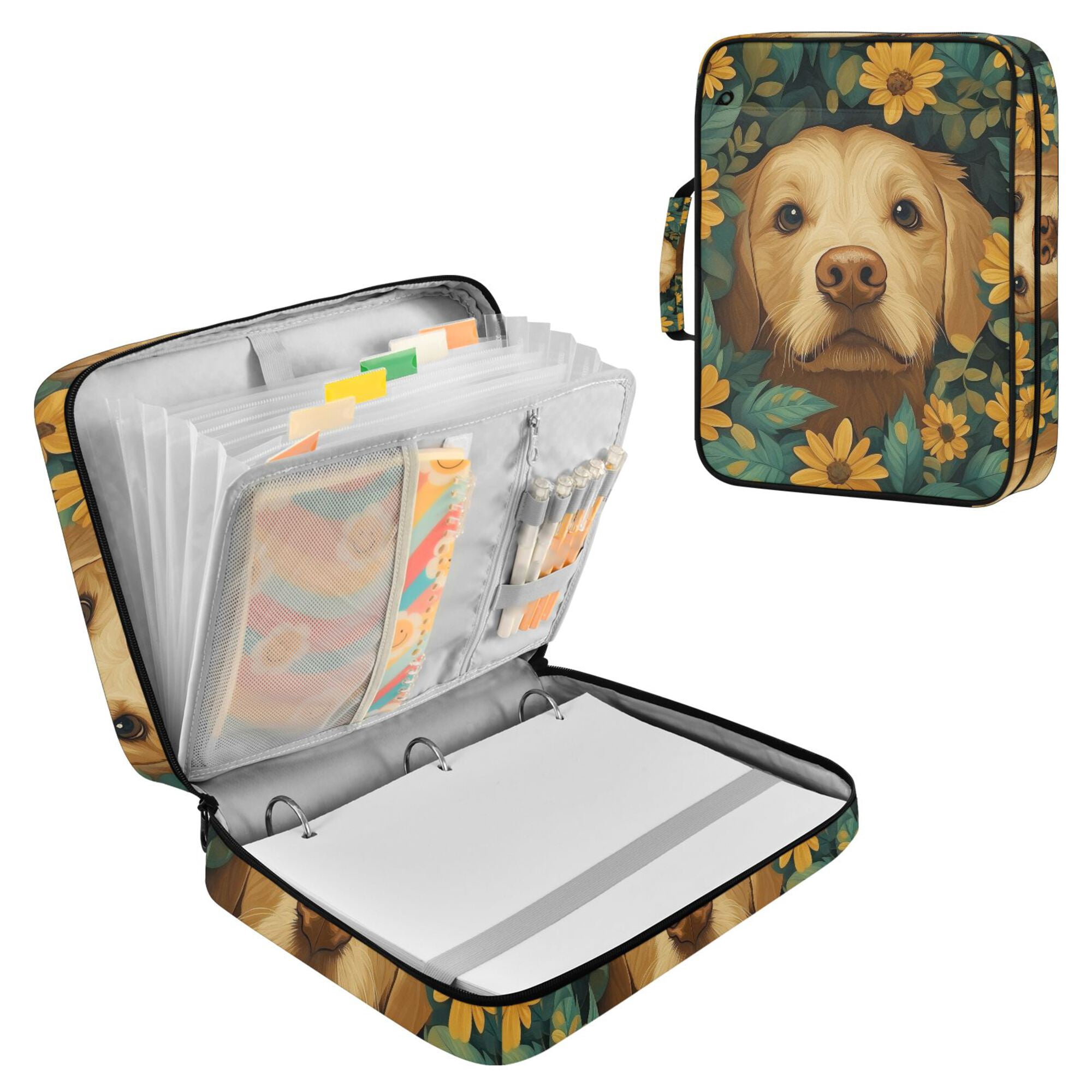 FORMRS Accordion File Folder A4 Size 7-Pocket Expanding Document Organizer Bag with 3 Ring Binder, Flowers and Dog