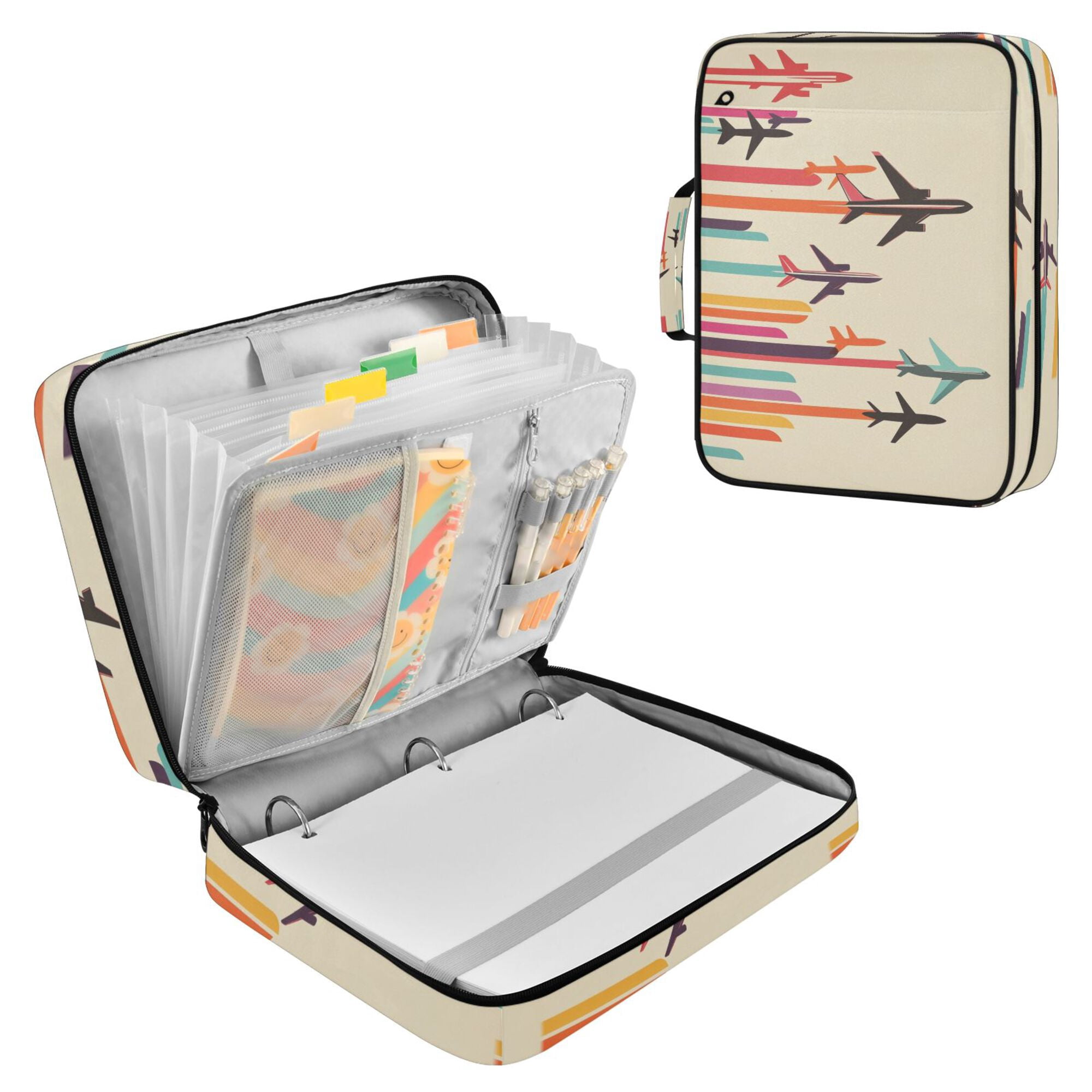 FORMRS Accordion File Folder A4 Size 7-Pocket Expanding Document Organizer Bag with 3 Ring Binder, Flying Planes