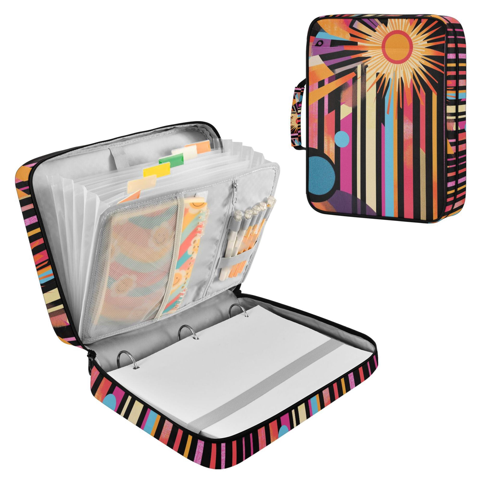 FORMRS Accordion File Folder A4 Size 7-Pocket Expanding Document Organizer Bag with 3 Ring Binder, Futuristic Sun