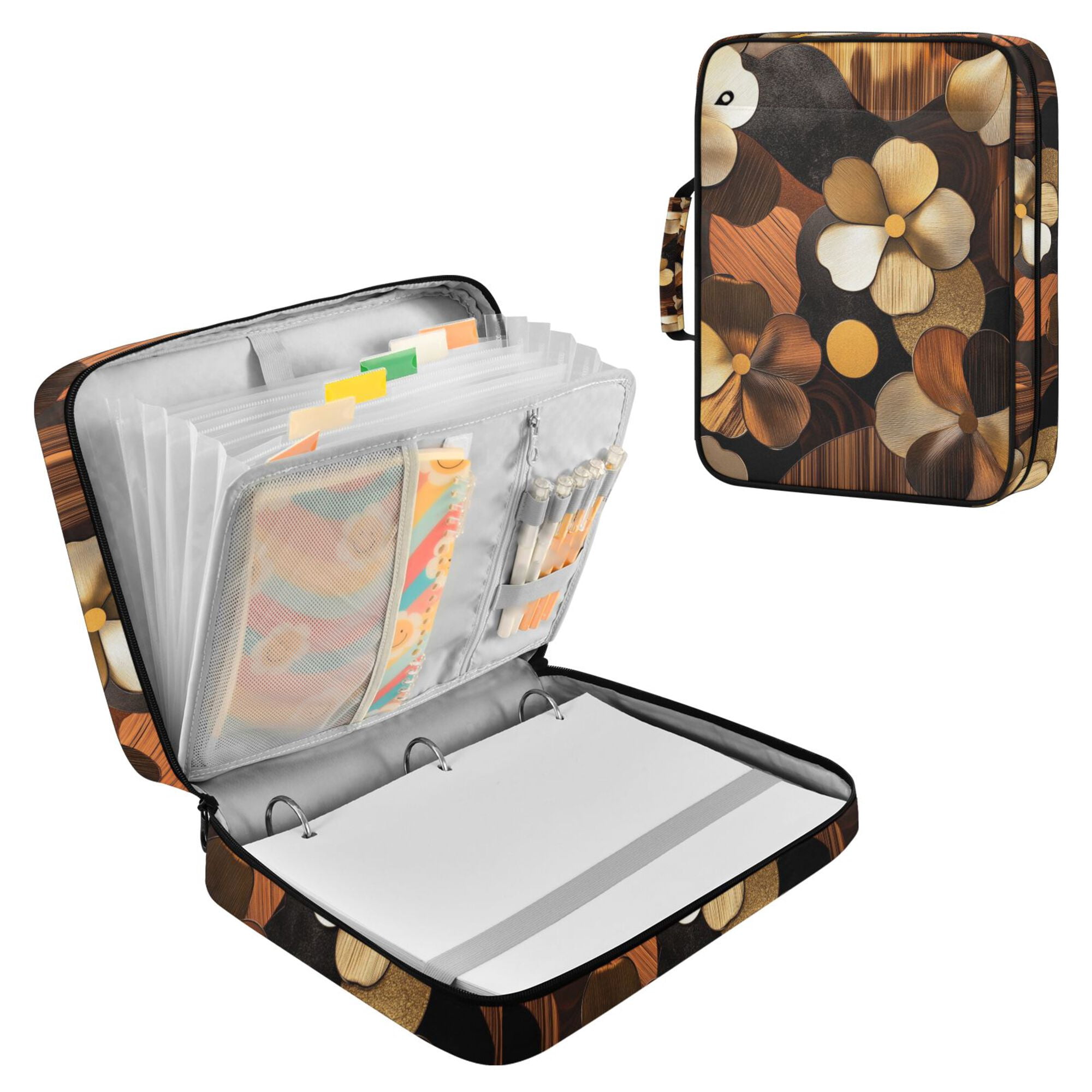 FORMRS Accordion File Folder A4 Size 7-Pocket Expanding Document Organizer Bag with 3 Ring Binder, Gold Flower
