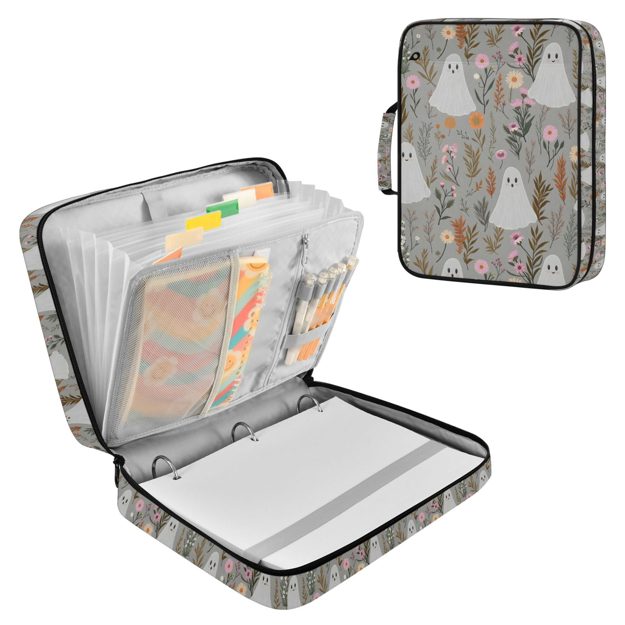 FORMRS Accordion File Folder A4 Size 7-Pocket Expanding Document Organizer Bag with 3 Ring Binder, Gray Cartoon Ghost