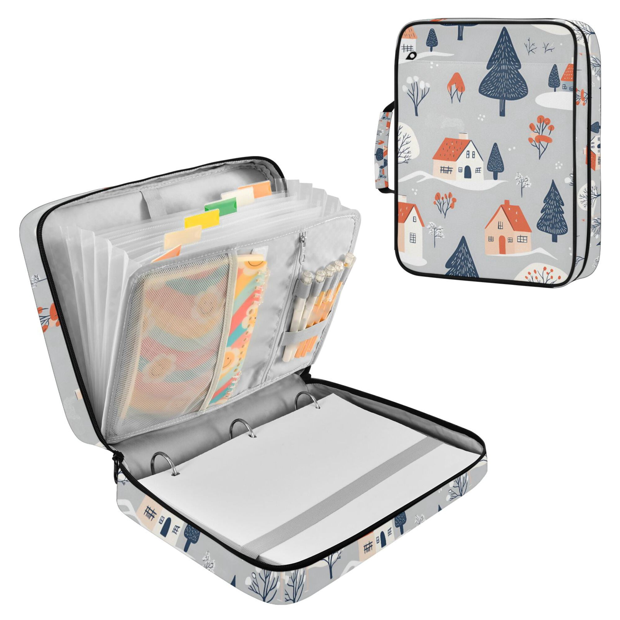 FORMRS Accordion File Folder A4 Size 7-Pocket Expanding Document Organizer Bag with 3 Ring Binder, Gray Cartoon Houses