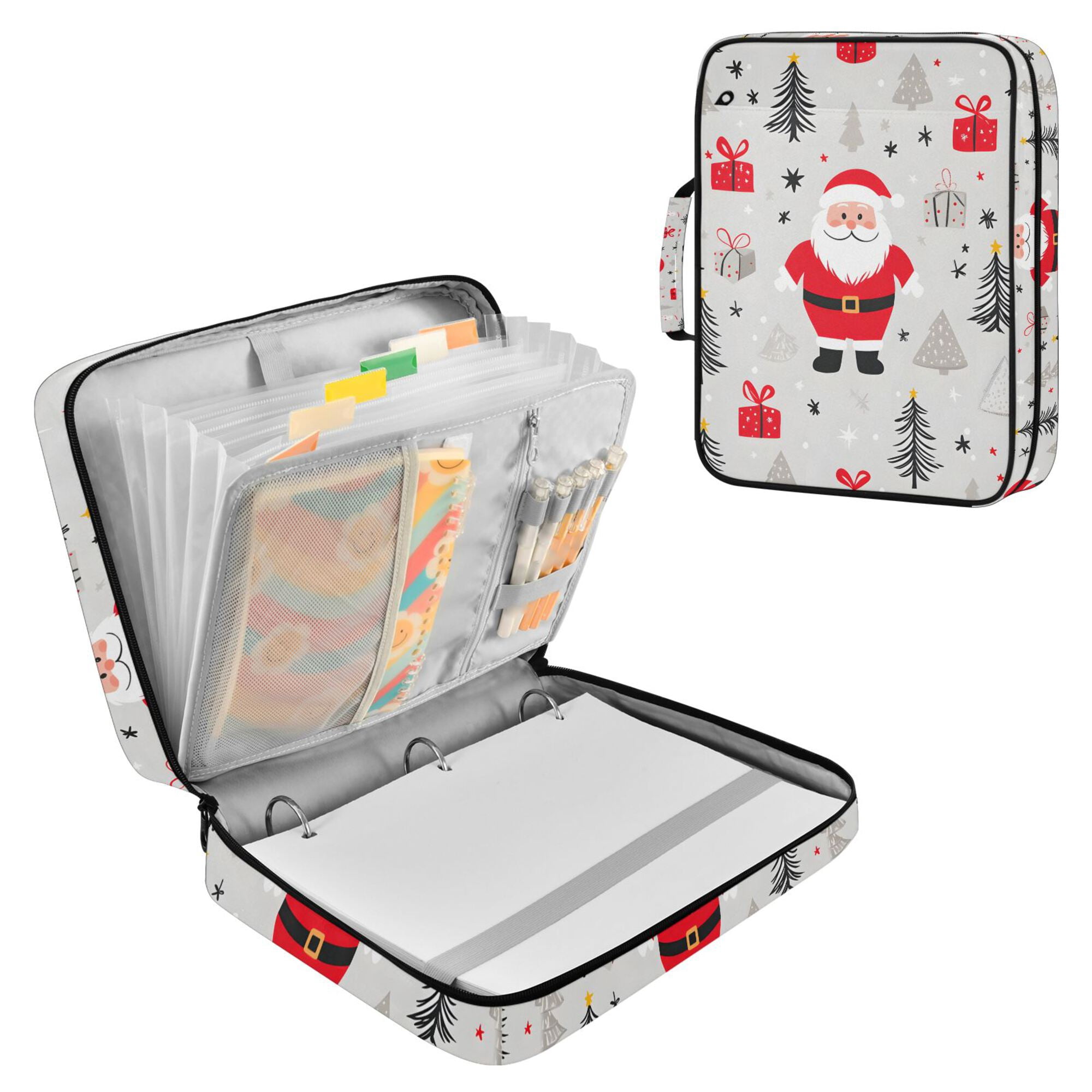 FORMRS Accordion File Folder A4 Size 7-Pocket Expanding Document Organizer Bag with 3 Ring Binder, Gray Christmas Santa