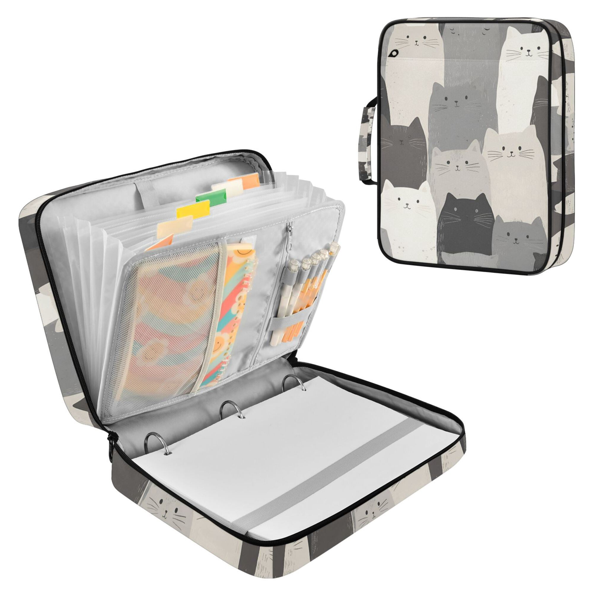 FORMRS Accordion File Folder A4 Size 7-Pocket Expanding Document Organizer Bag with 3 Ring Binder, Gray Cute Cats