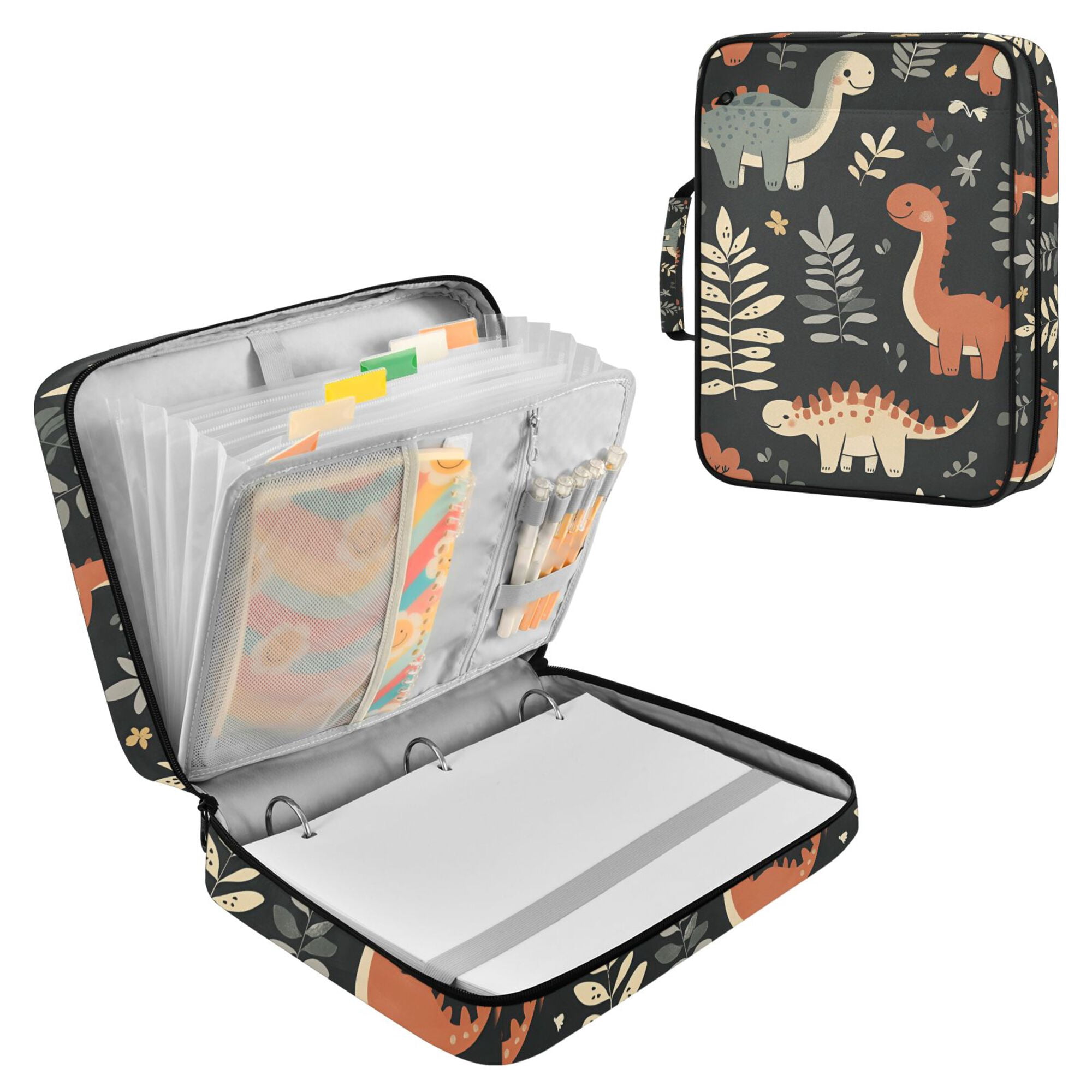 FORMRS Accordion File Folder A4 Size 7-Pocket Expanding Document Organizer Bag with 3 Ring Binder, Gray Dinosaur