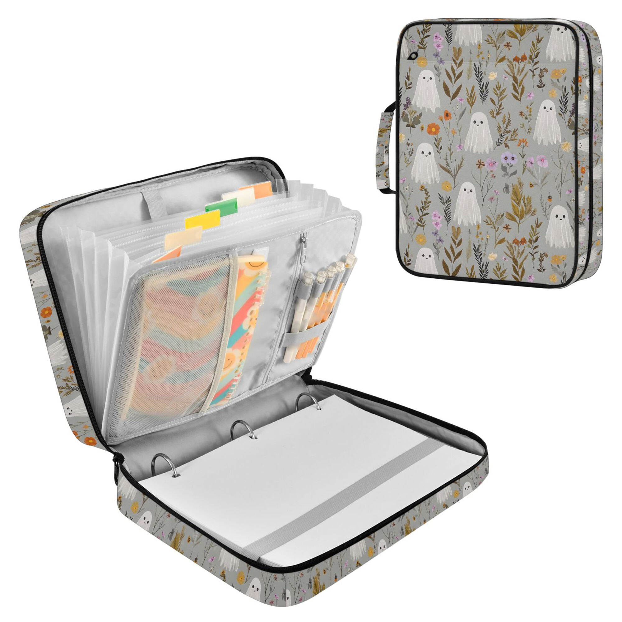 FORMRS Accordion File Folder A4 Size 7-Pocket Expanding Document Organizer Bag with 3 Ring Binder, Gray Floral Ghost