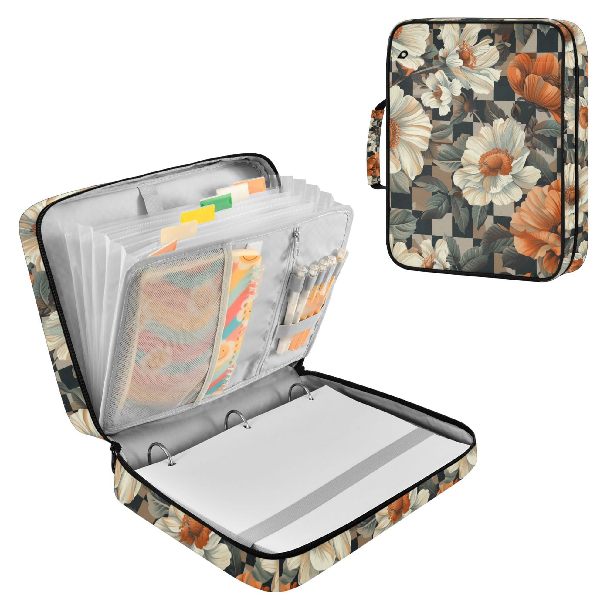 FORMRS Accordion File Folder A4 Size 7-Pocket Expanding Document Organizer Bag with 3 Ring Binder, Gray Floral Pattern