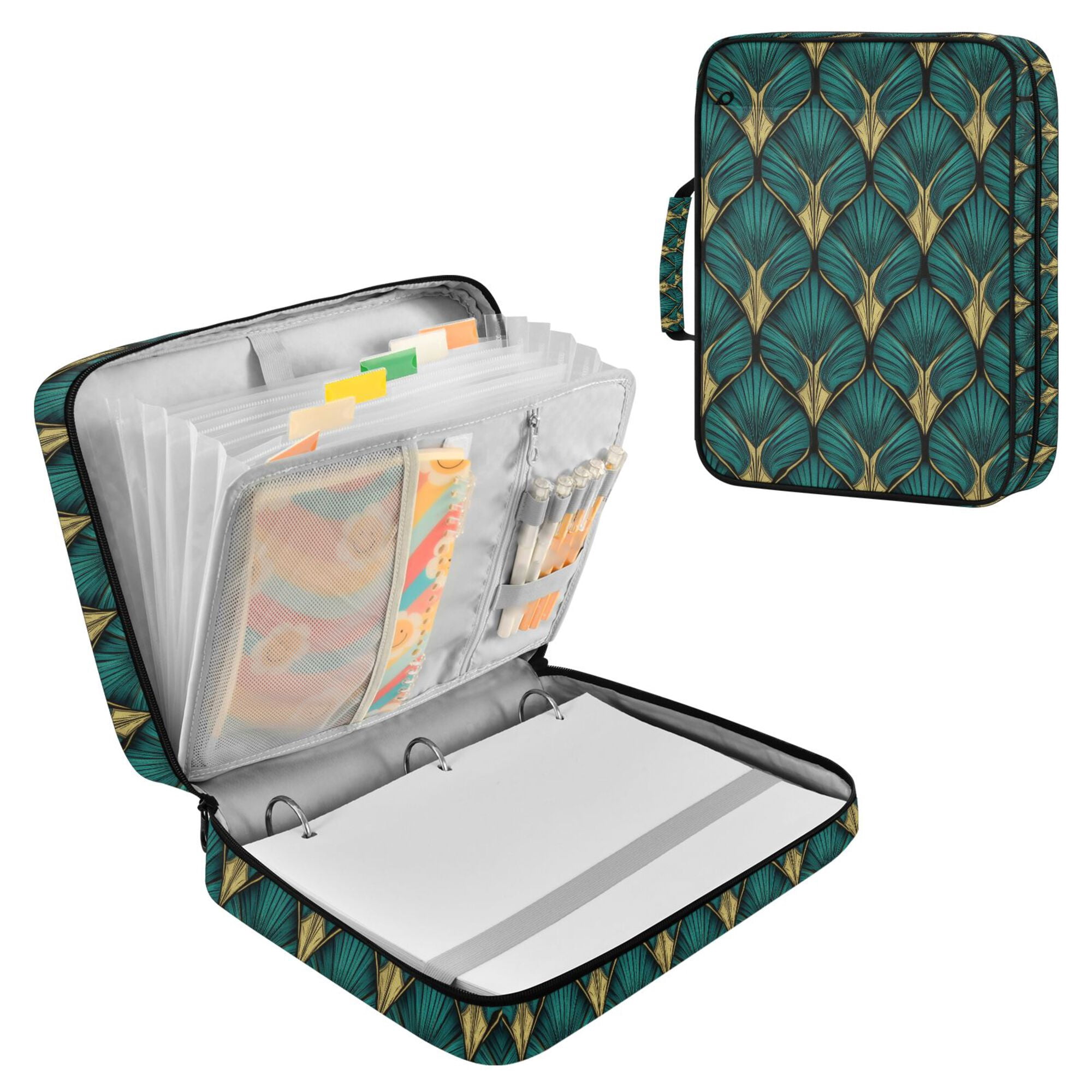 FORMRS Accordion File Folder A4 Size 7-Pocket Expanding Document Organizer Bag with 3 Ring Binder, Green Abstract Pattern