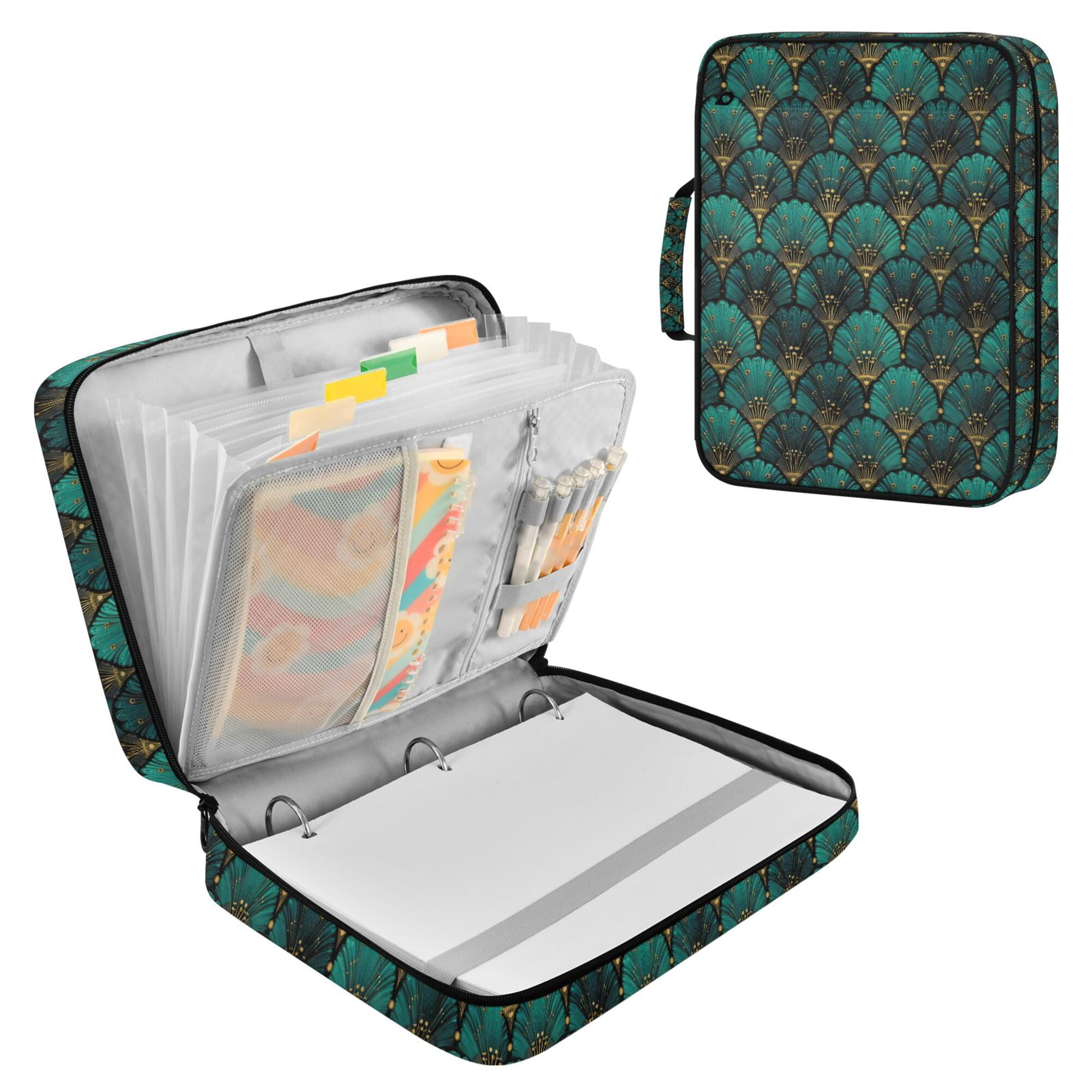 FORMRS Accordion File Folder A4 Size 7-Pocket Expanding Document Organizer Bag with 3 Ring Binder, Green Art Abstract Pattern