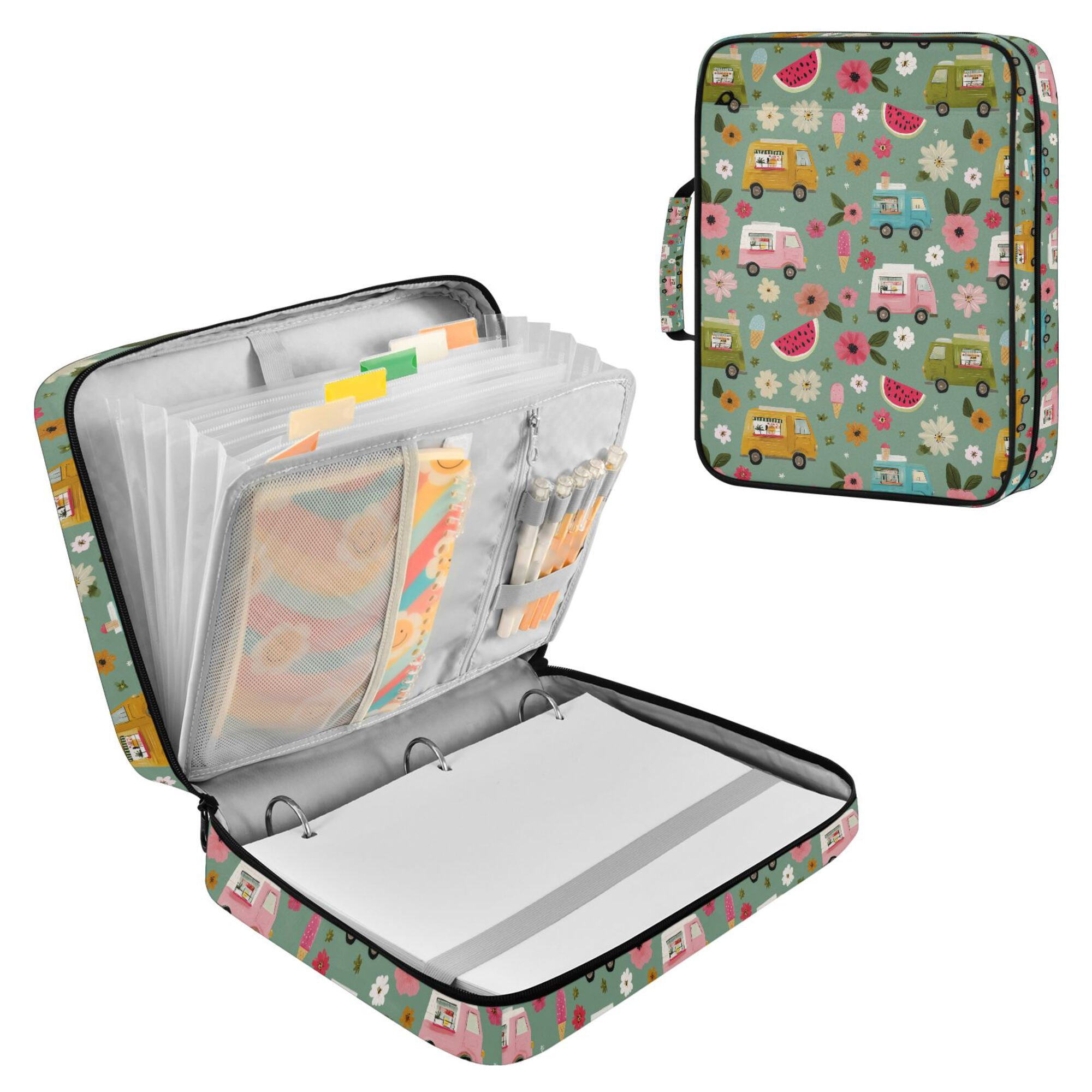 FORMRS Accordion File Folder A4 Size 7-Pocket Expanding Document Organizer Bag with 3 Ring Binder, Green Cartoon Trucks Pattern