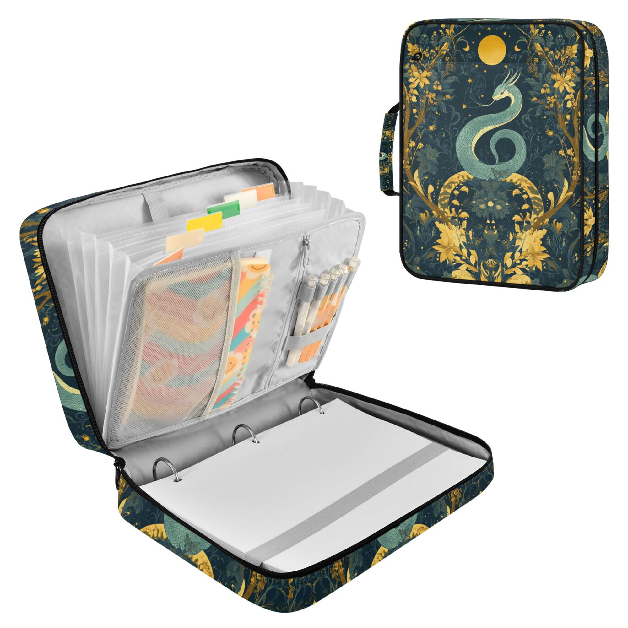 FORMRS Accordion File Folder A4 Size 7-Pocket Expanding Document Organizer Bag with 3 Ring Binder, Green Celestial Serpent