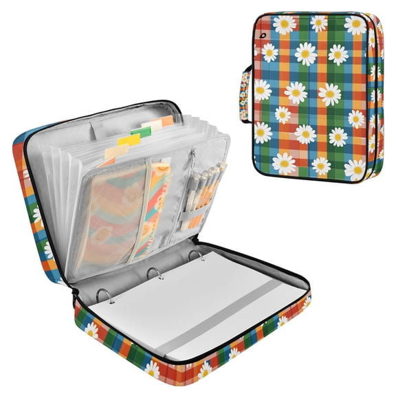 FORMRS Accordion File Folder A4 Size 7-Pocket Expanding Document Organizer Bag with 3 Ring Binder, Green Checkered Daisy