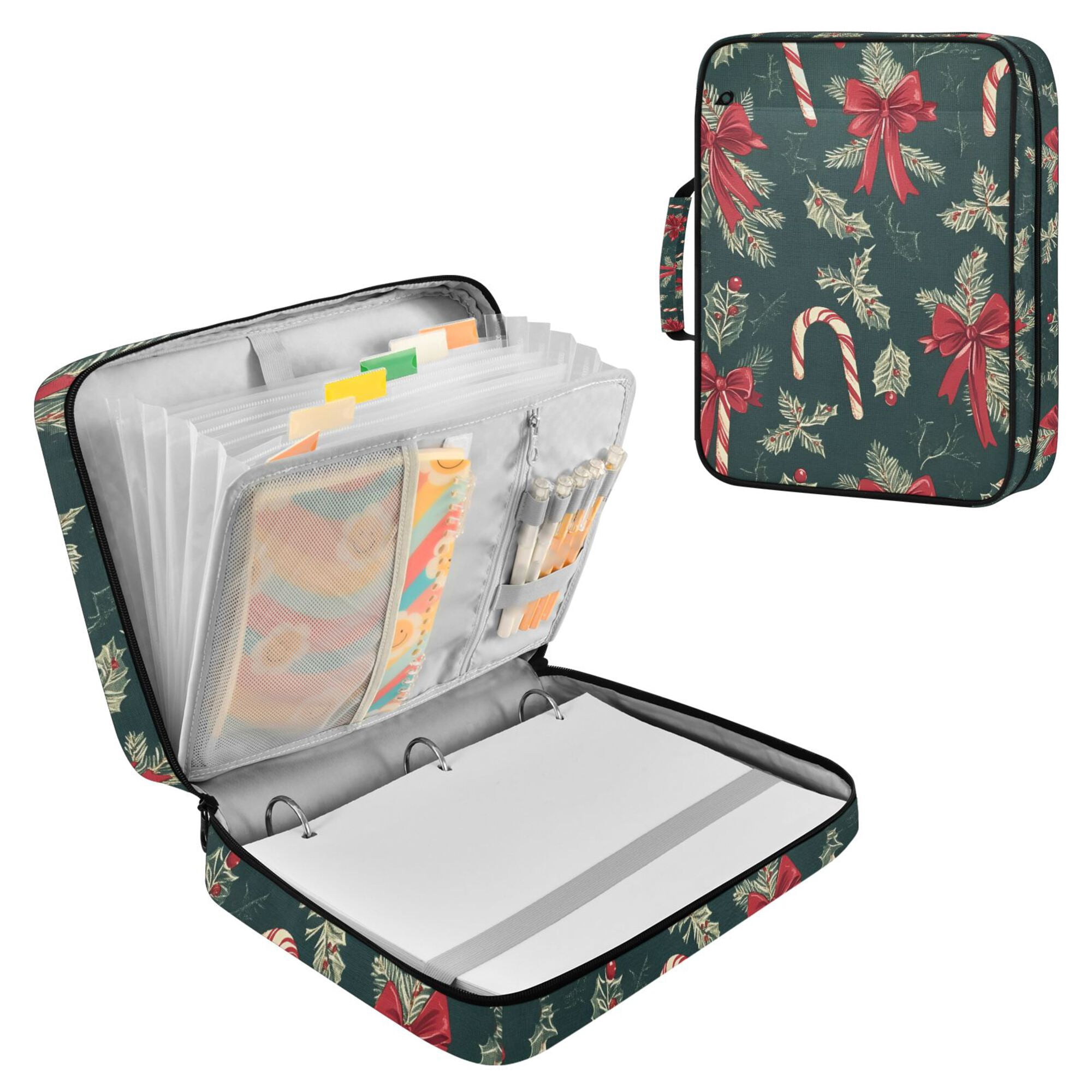 FORMRS Accordion File Folder A4 Size 7-Pocket Expanding Document Organizer Bag with 3 Ring Binder, Green Christmas Candy Canes