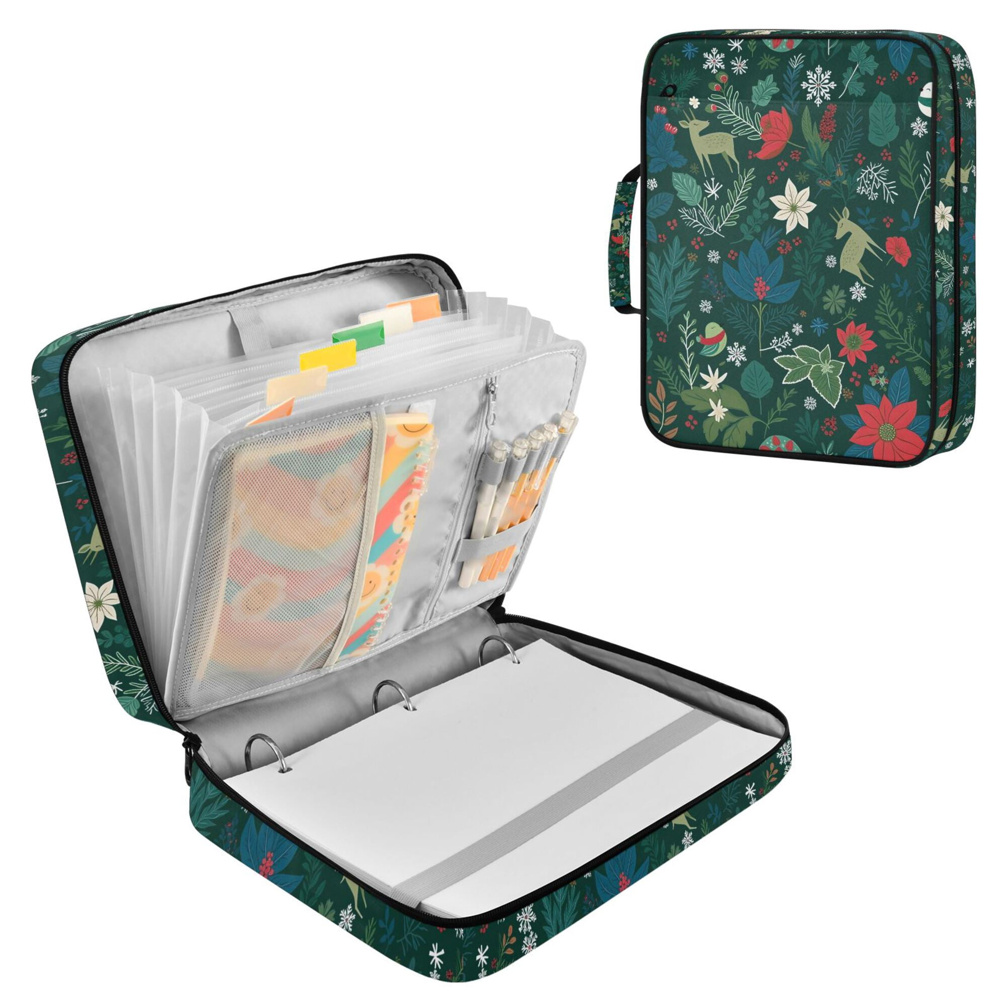 FORMRS Accordion File Folder A4 Size 7-Pocket Expanding Document Organizer Bag with 3 Ring Binder, Green Christmas Forest
