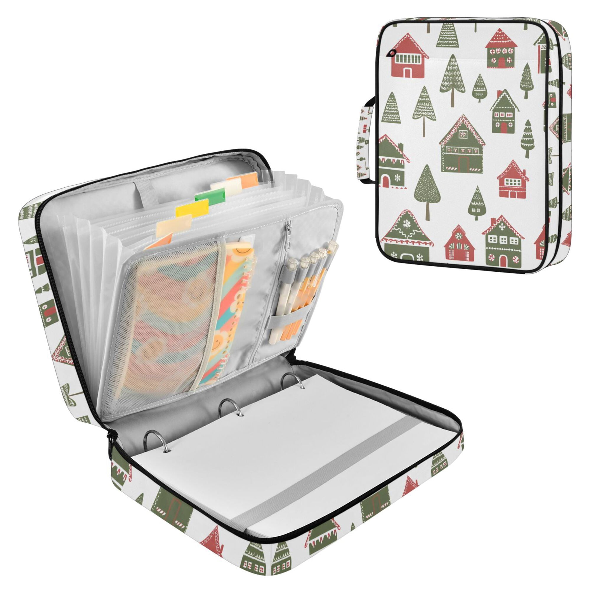 FORMRS Accordion File Folder A4 Size 7-Pocket Expanding Document Organizer Bag with 3 Ring Binder, Green Christmas House