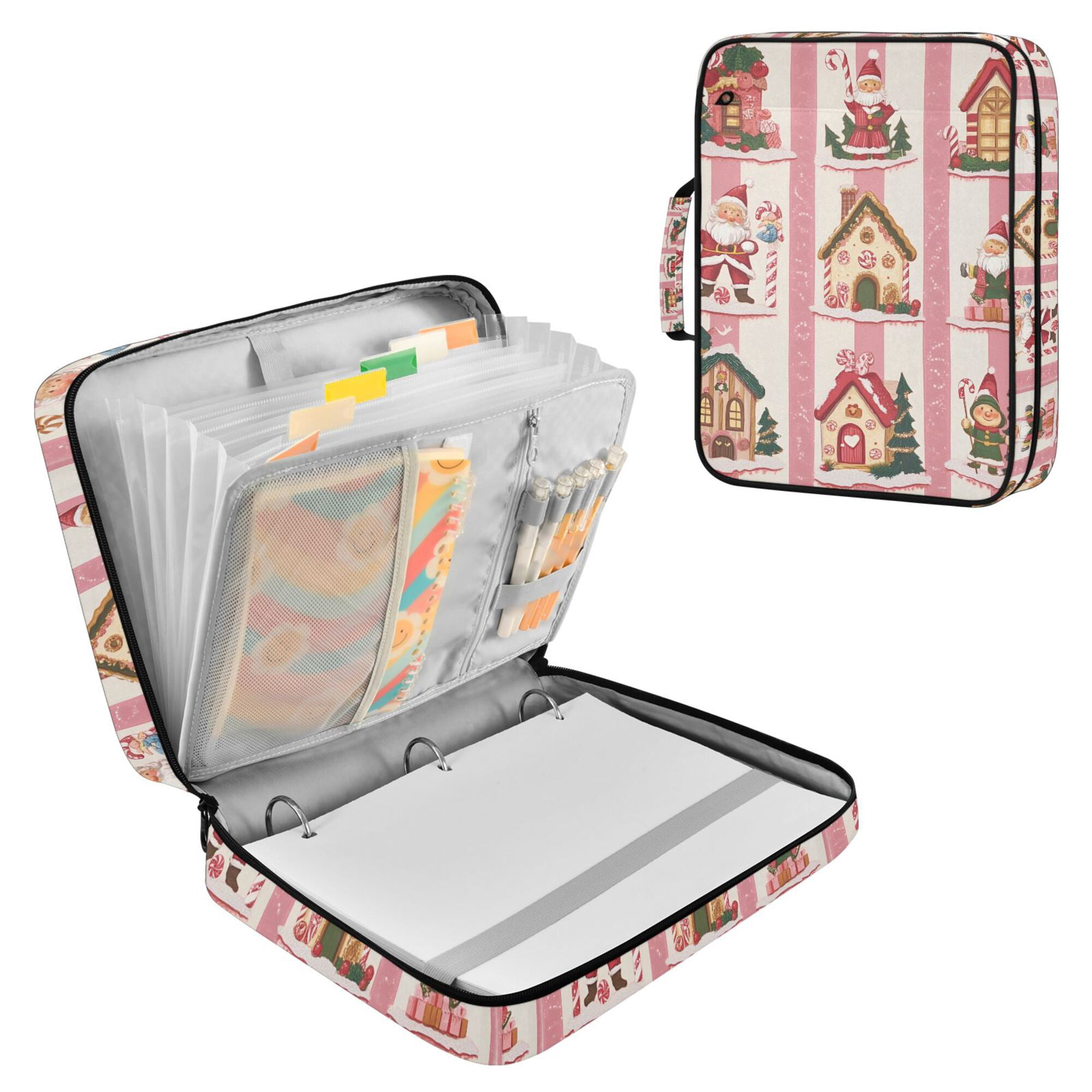 FORMRS Accordion File Folder A4 Size 7-Pocket Expanding Document Organizer Bag with 3 Ring Binder, Green Christmas Houses