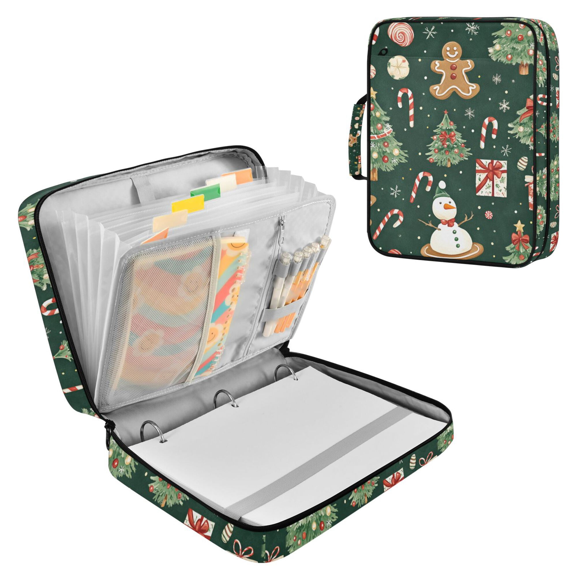 FORMRS Accordion File Folder A4 Size 7-Pocket Expanding Document Organizer Bag with 3 Ring Binder, Green Christmas Trees