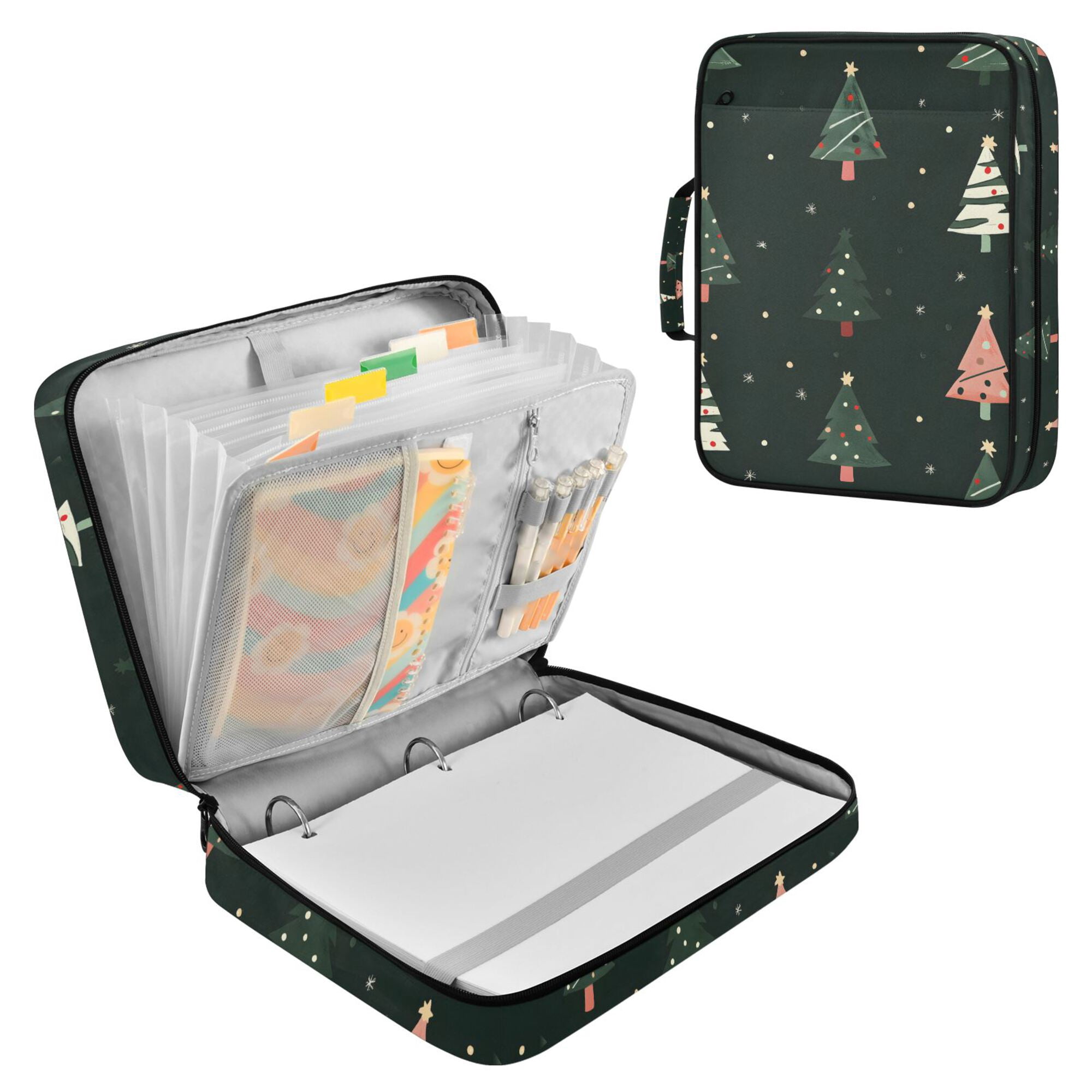 FORMRS Accordion File Folder A4 Size 7-Pocket Expanding Document Organizer Bag with 3 Ring Binder, Green Christmas Trees