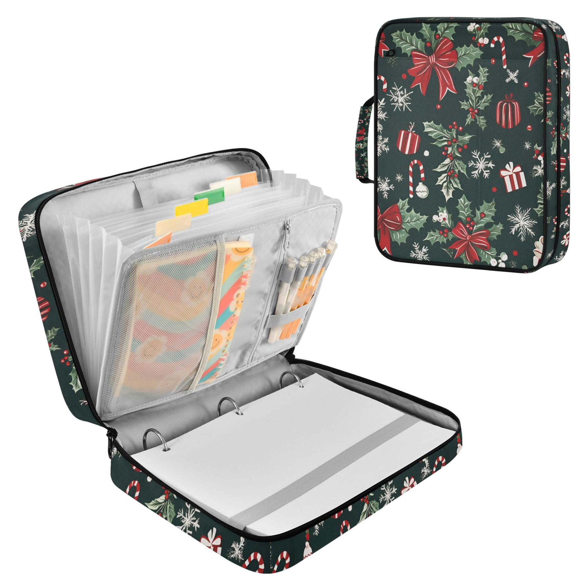 FORMRS Accordion File Folder A4 Size 7-Pocket Expanding Document Organizer Bag with 3 Ring Binder, Green Christmas