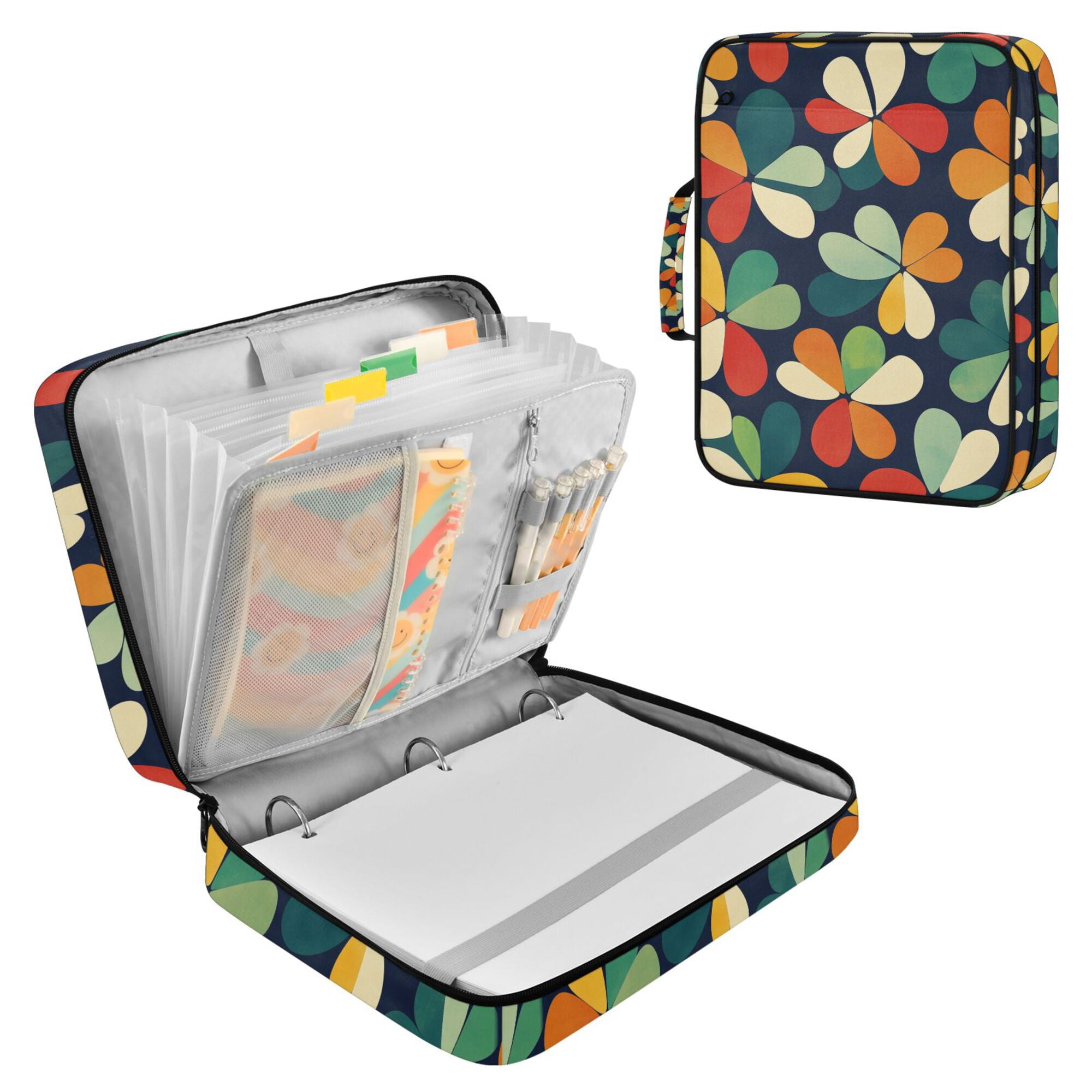 FORMRS Accordion File Folder A4 Size 7-Pocket Expanding Document Organizer Bag with 3 Ring Binder, Green Clover Pattern