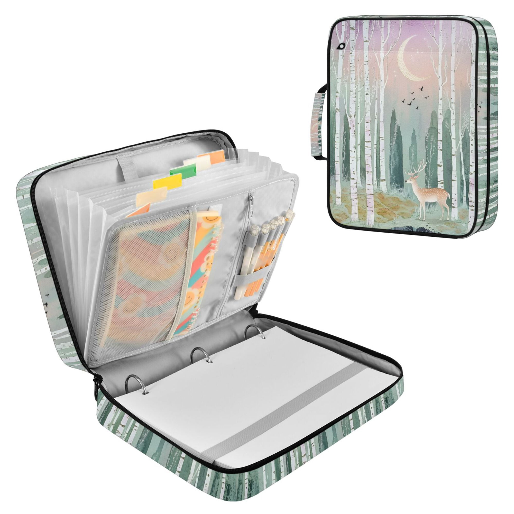 FORMRS Accordion File Folder A4 Size 7-Pocket Expanding Document Organizer Bag with 3 Ring Binder, Green Deer