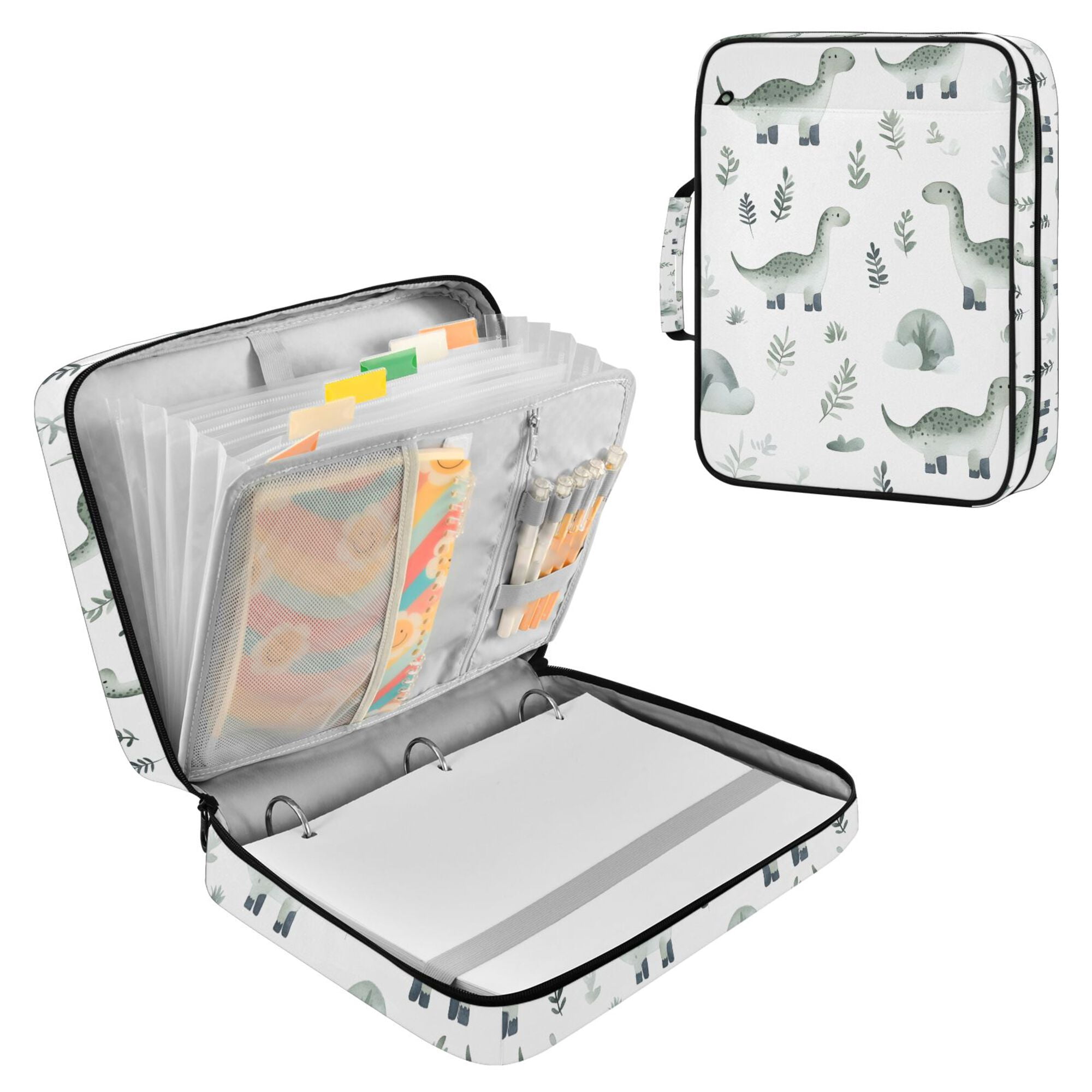 FORMRS Accordion File Folder A4 Size 7-Pocket Expanding Document Organizer Bag with 3 Ring Binder, Green Dinosaur Pattern