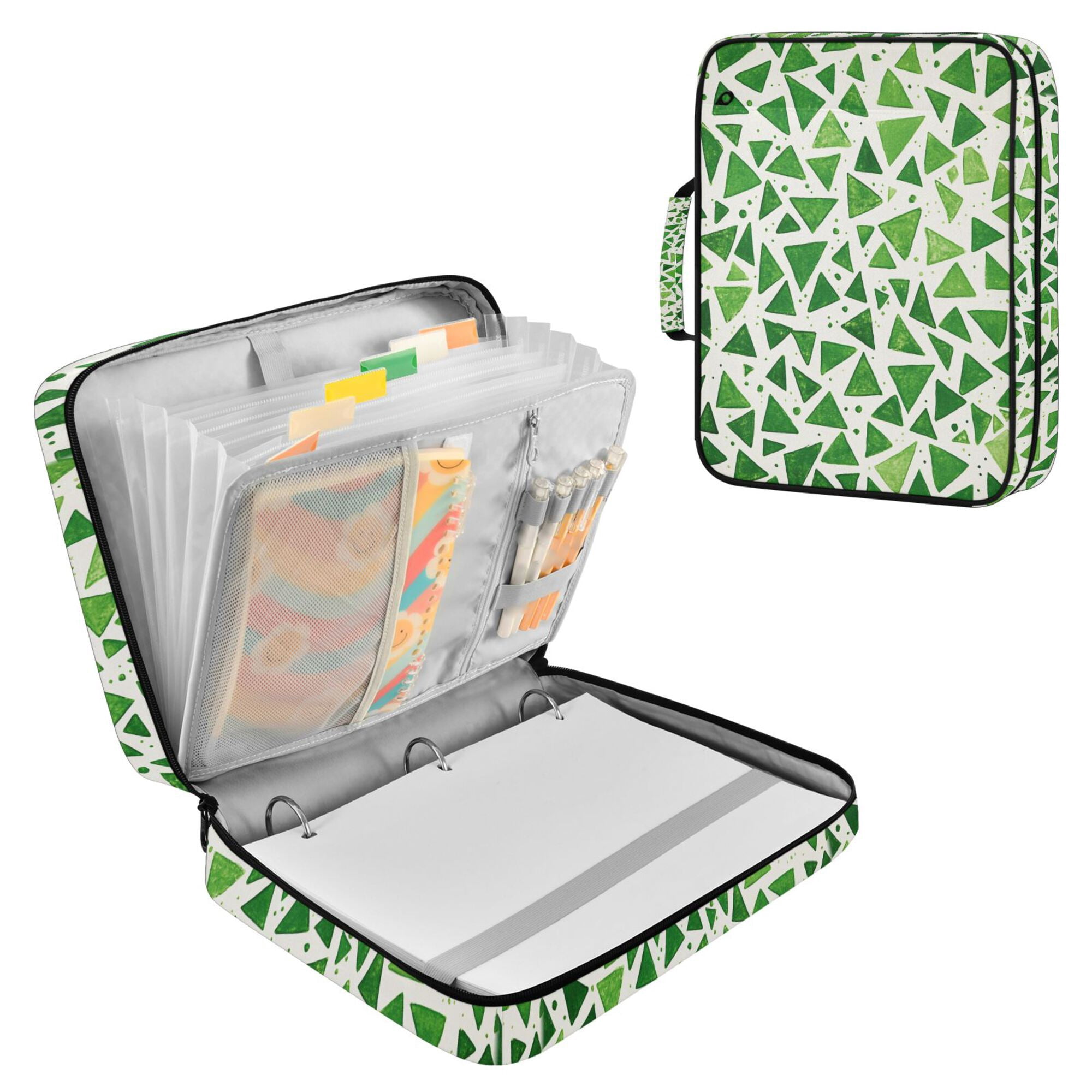 FORMRS Accordion File Folder A4 Size 7-Pocket Expanding Document Organizer Bag with 3 Ring Binder, Green Dot Triangles Pattern