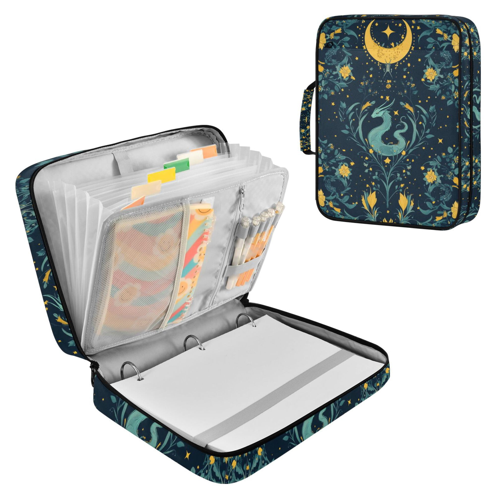 FORMRS Accordion File Folder A4 Size 7-Pocket Expanding Document Organizer Bag with 3 Ring Binder, Green Dragon Flowers