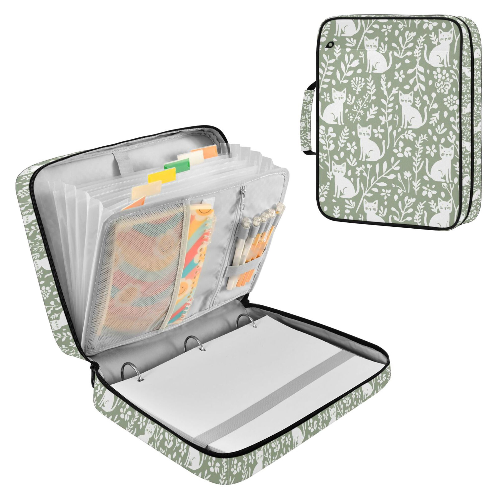 FORMRS Accordion File Folder A4 Size 7-Pocket Expanding Document Organizer Bag with 3 Ring Binder, Green Floral Cat Pattern