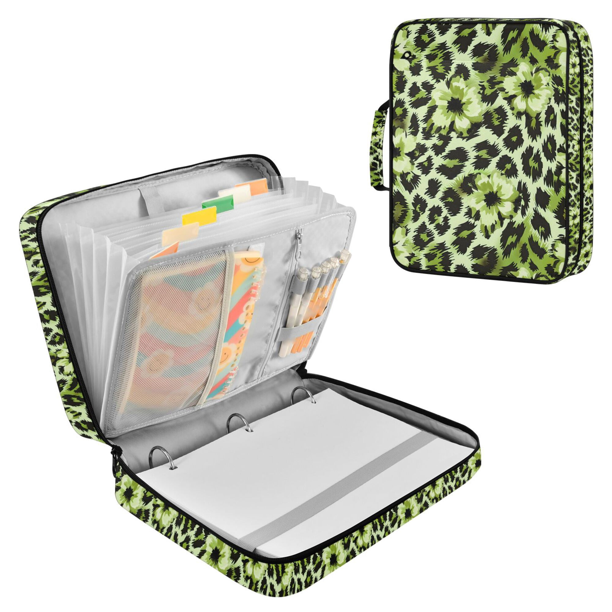 FORMRS Accordion File Folder A4 Size 7-Pocket Expanding Document Organizer Bag with 3 Ring Binder, Green Floral Leopard Pattern