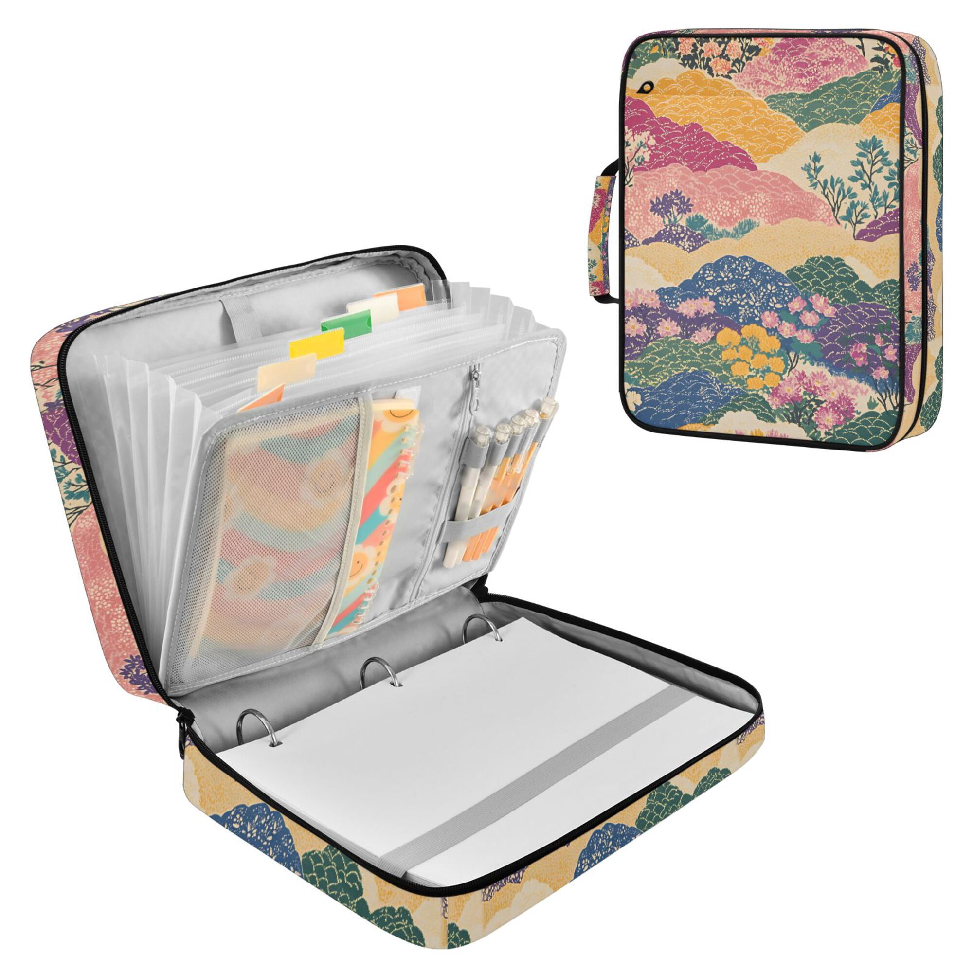FORMRS Accordion File Folder A4 Size 7-Pocket Expanding Document Organizer Bag with 3 Ring Binder, Green Floral Wave