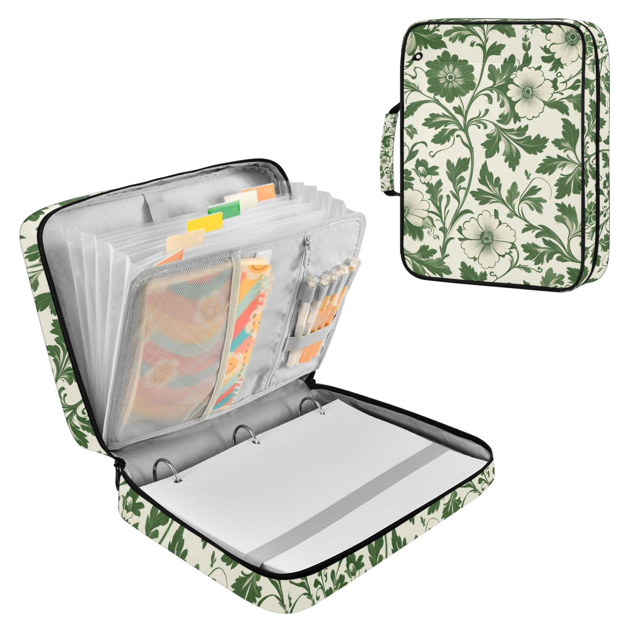 FORMRS Accordion File Folder A4 Size 7-Pocket Expanding Document Organizer Bag with 3 Ring Binder, Green Floral