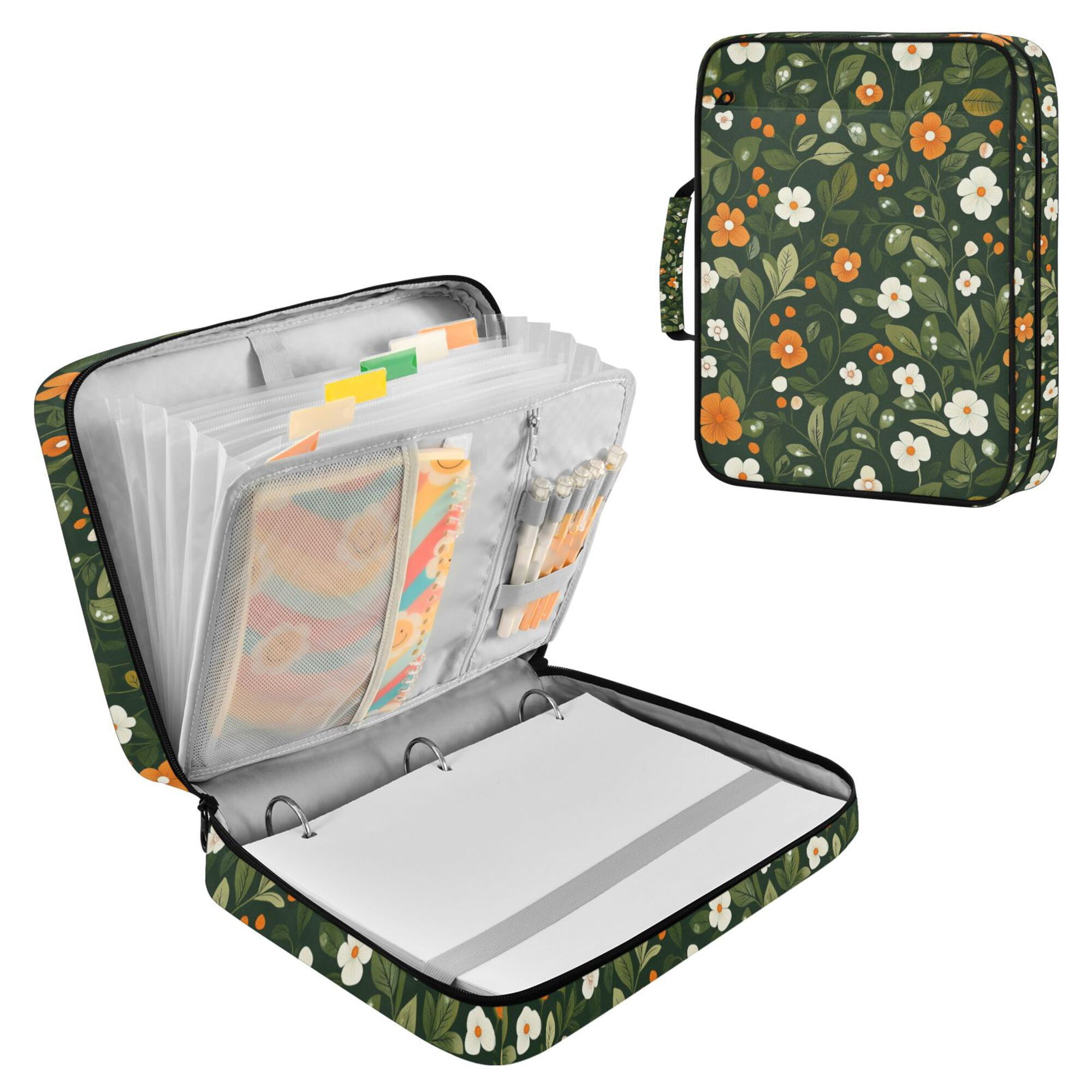 FORMRS Accordion File Folder A4 Size 7-Pocket Expanding Document Organizer Bag with 3 Ring Binder, Green Flowers Pattern