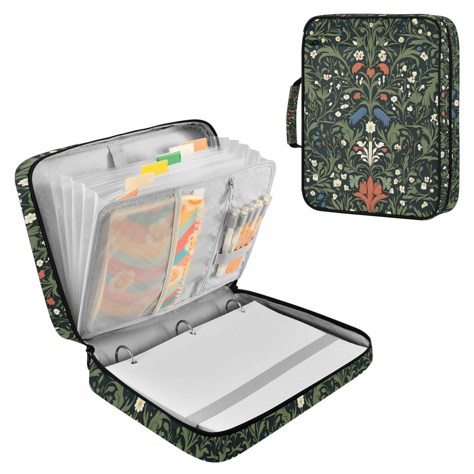 FORMRS Accordion File Folder A4 Size 7-Pocket Expanding Document Organizer Bag with 3 Ring Binder, Green Flowers Pattern