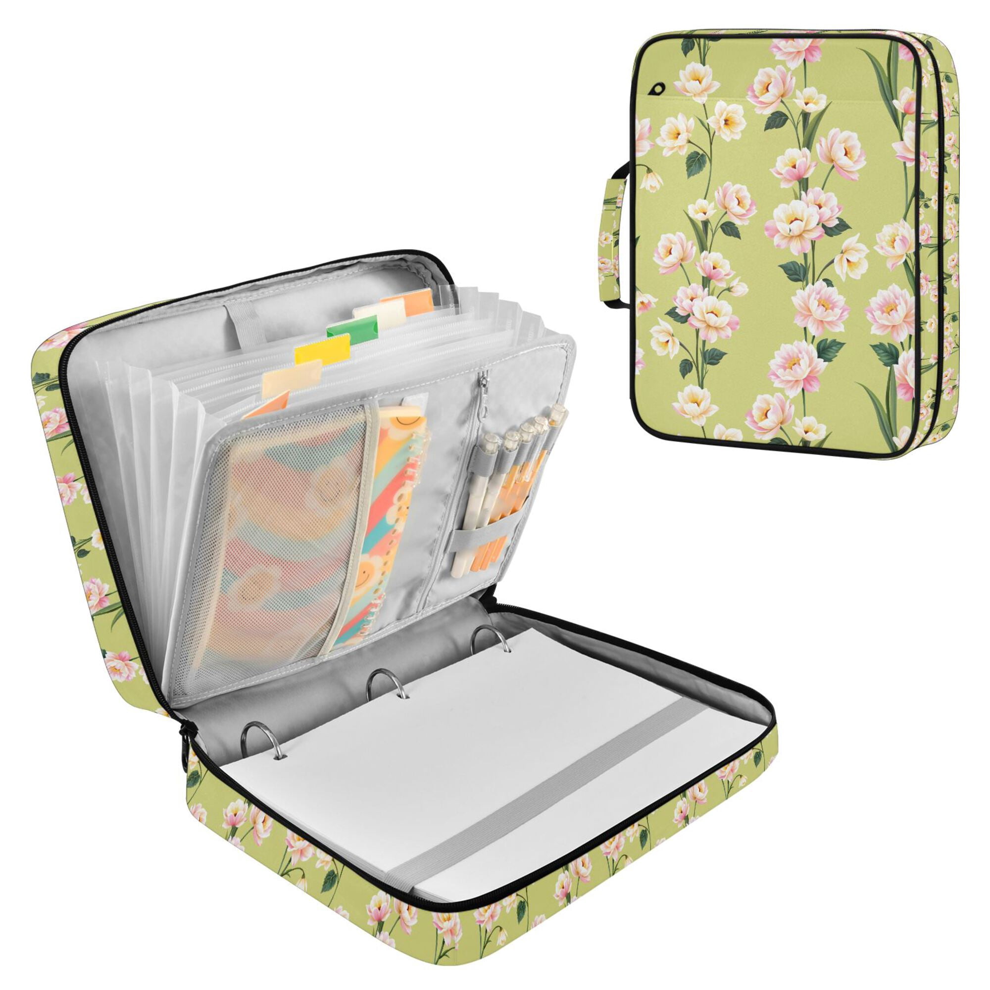 FORMRS Accordion File Folder A4 Size 7-Pocket Expanding Document Organizer Bag with 3 Ring Binder, Green Flowers Pattern