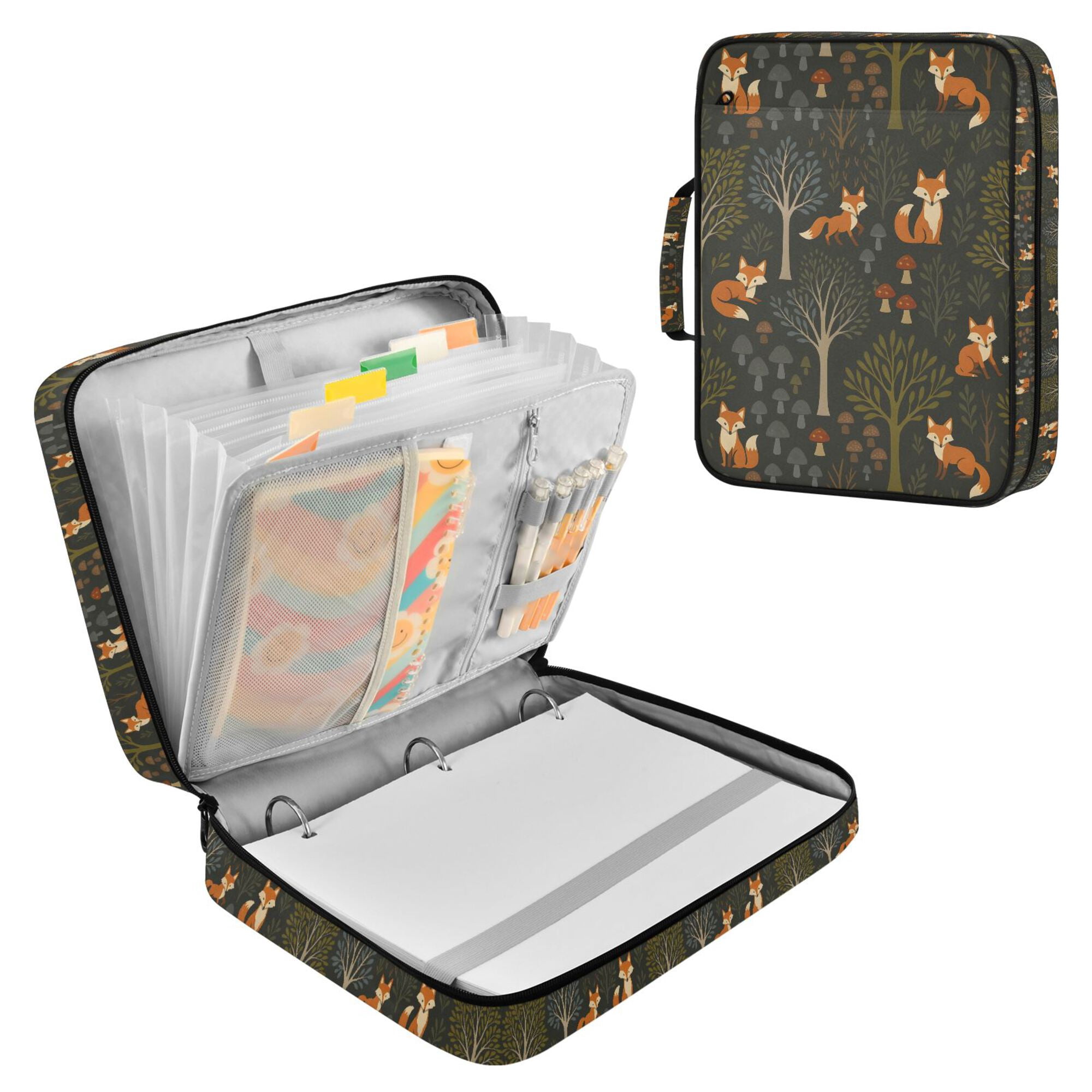 FORMRS Accordion File Folder A4 Size 7-Pocket Expanding Document Organizer Bag with 3 Ring Binder, Green Forest Fox Pattern