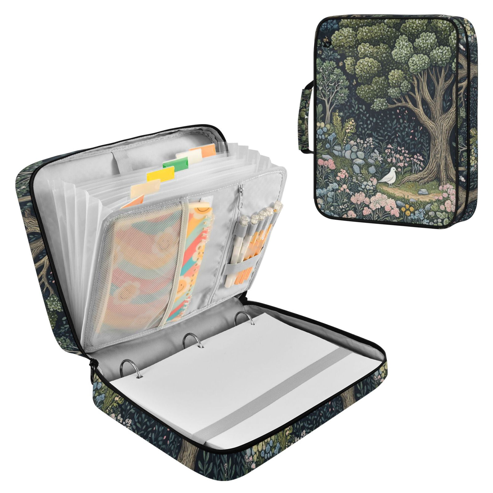FORMRS Accordion File Folder A4 Size 7-Pocket Expanding Document Organizer Bag with 3 Ring Binder, Green Forest Scene