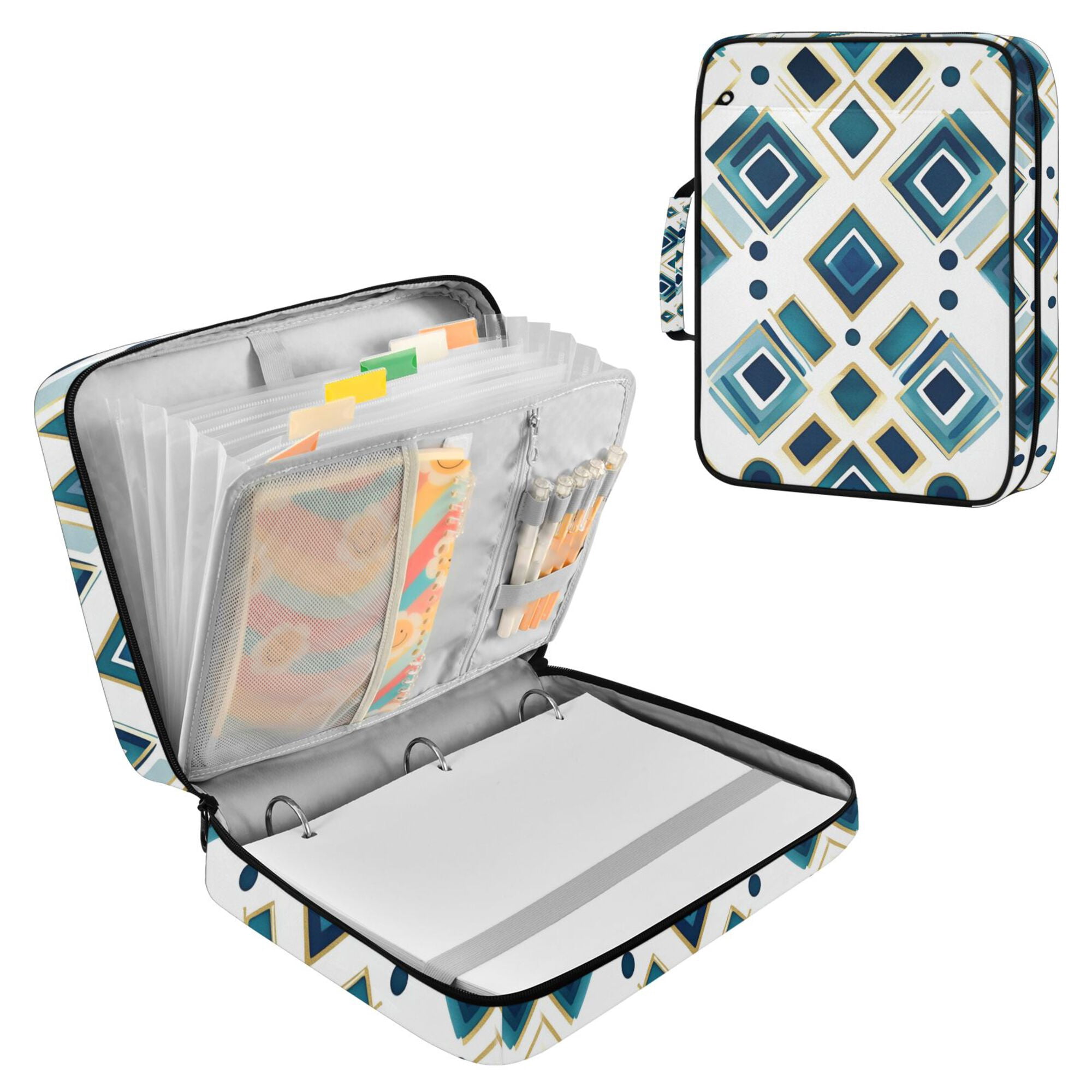 FORMRS Accordion File Folder A4 Size 7-Pocket Expanding Document Organizer Bag with 3 Ring Binder, Green Geometric Pattern