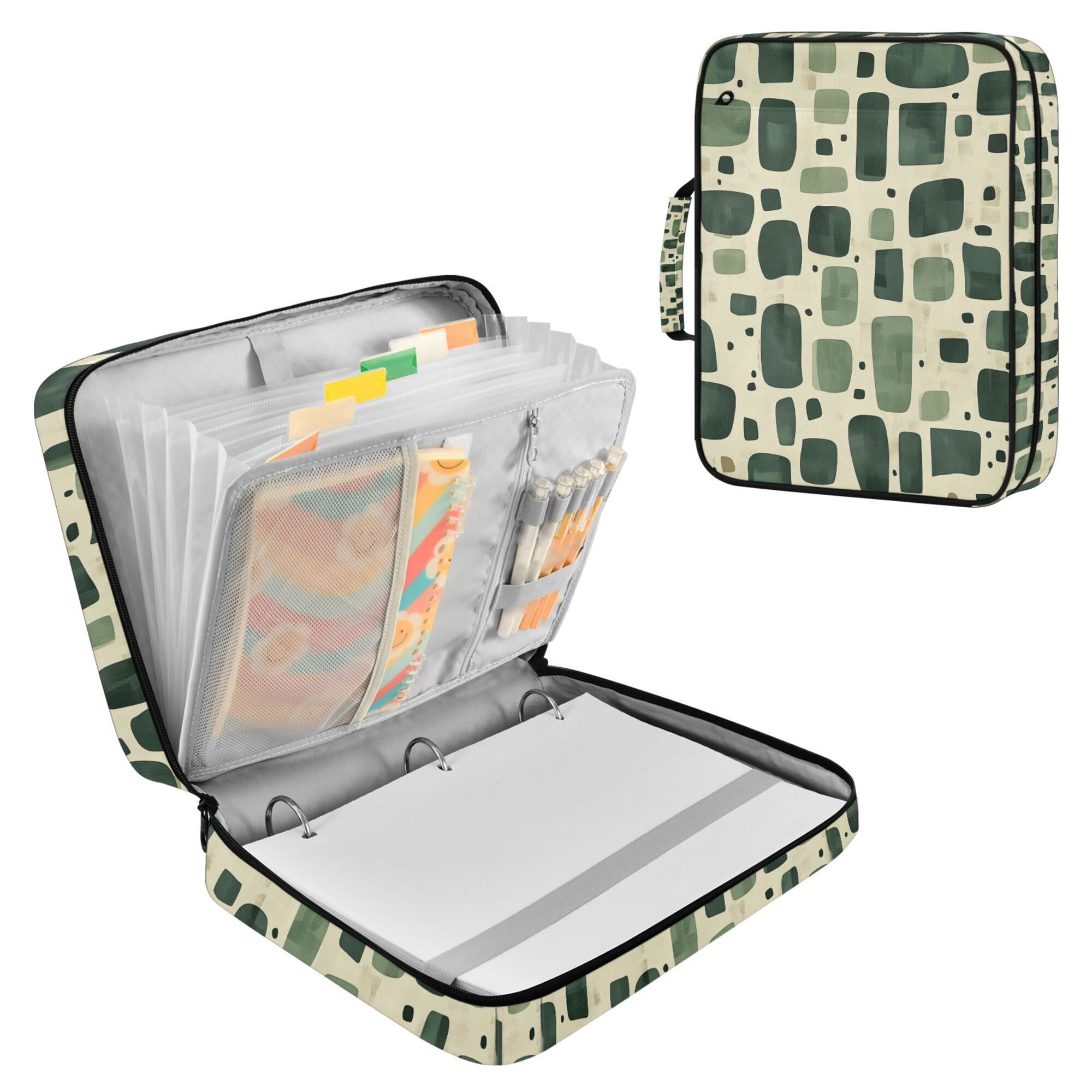 FORMRS Accordion File Folder A4 Size 7-Pocket Expanding Document Organizer Bag with 3 Ring Binder, Green Geometric
