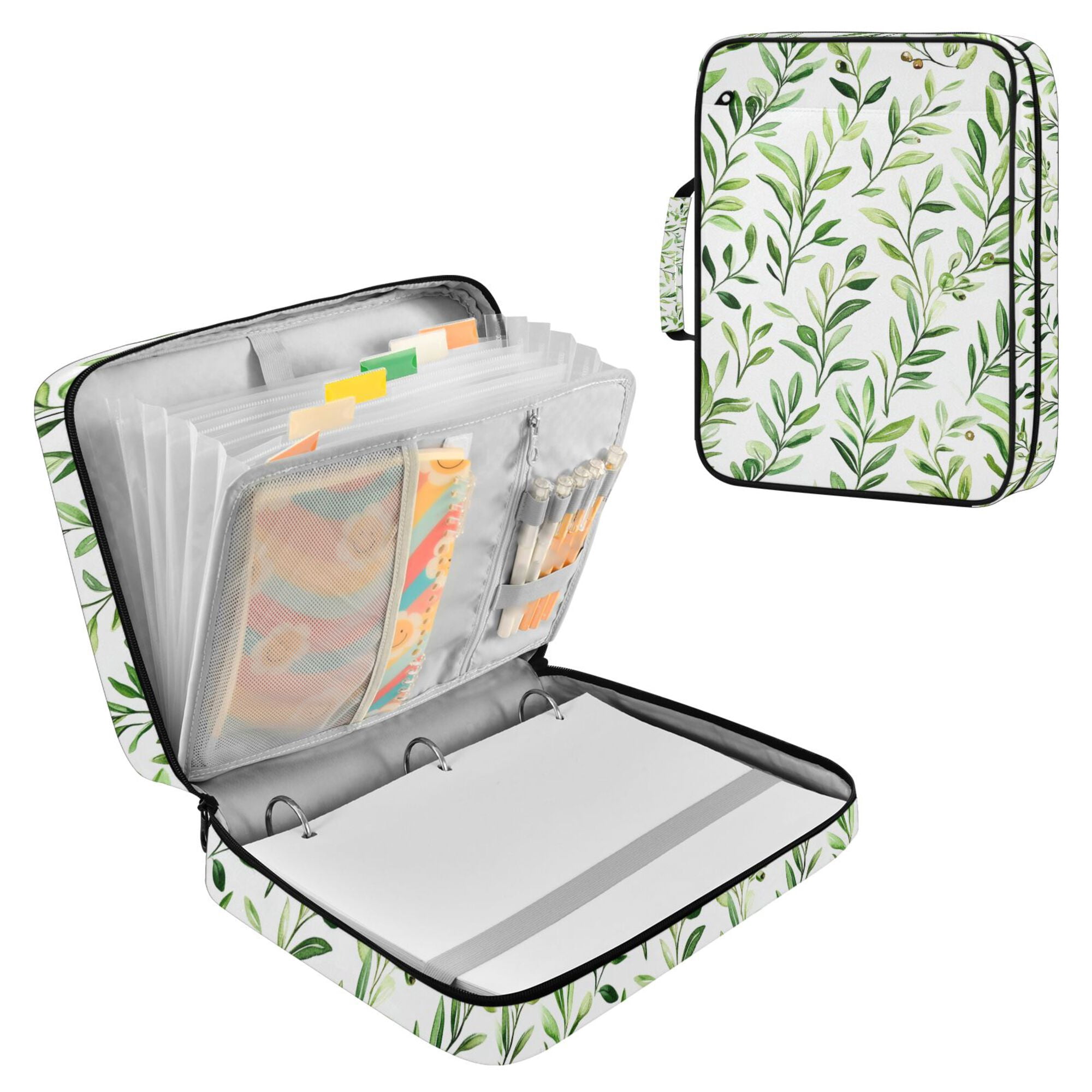 FORMRS Accordion File Folder A4 Size 7-Pocket Expanding Document Organizer Bag with 3 Ring Binder, Green Leafy Pattern