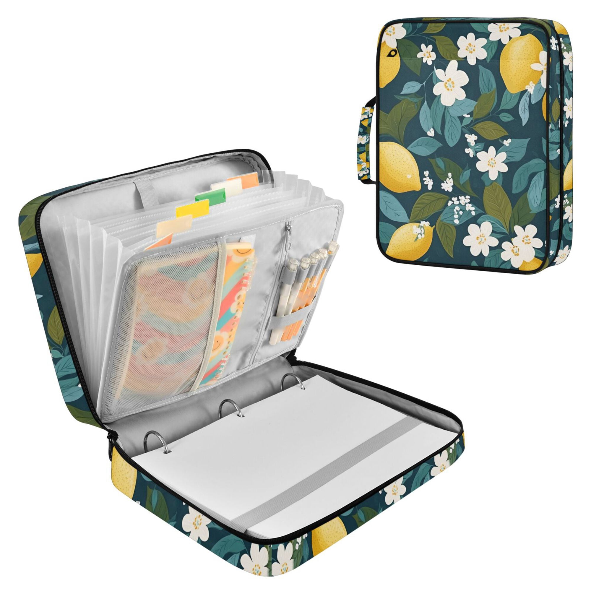 FORMRS Accordion File Folder A4 Size 7-Pocket Expanding Document Organizer Bag with 3 Ring Binder, Green Lemon Leaves